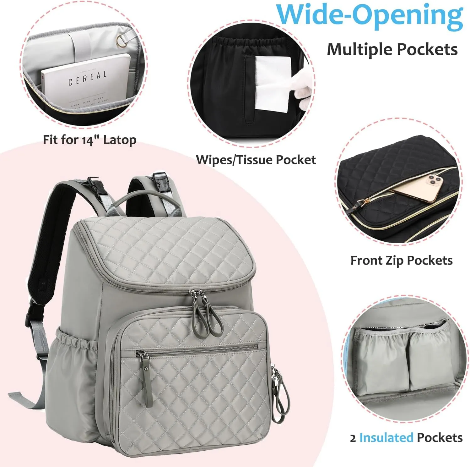 Large Capacity Diaper Bag with Stroller Buckle, Water-Resistant Travel Backpack with Insulated Pockets (Nylon, Grey)