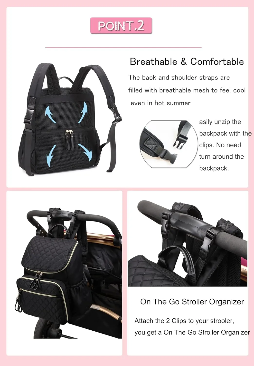 Large Capacity Diaper Bag with Stroller Buckle, Water-Resistant Travel Backpack with Insulated Pockets (Nylon, Pink)