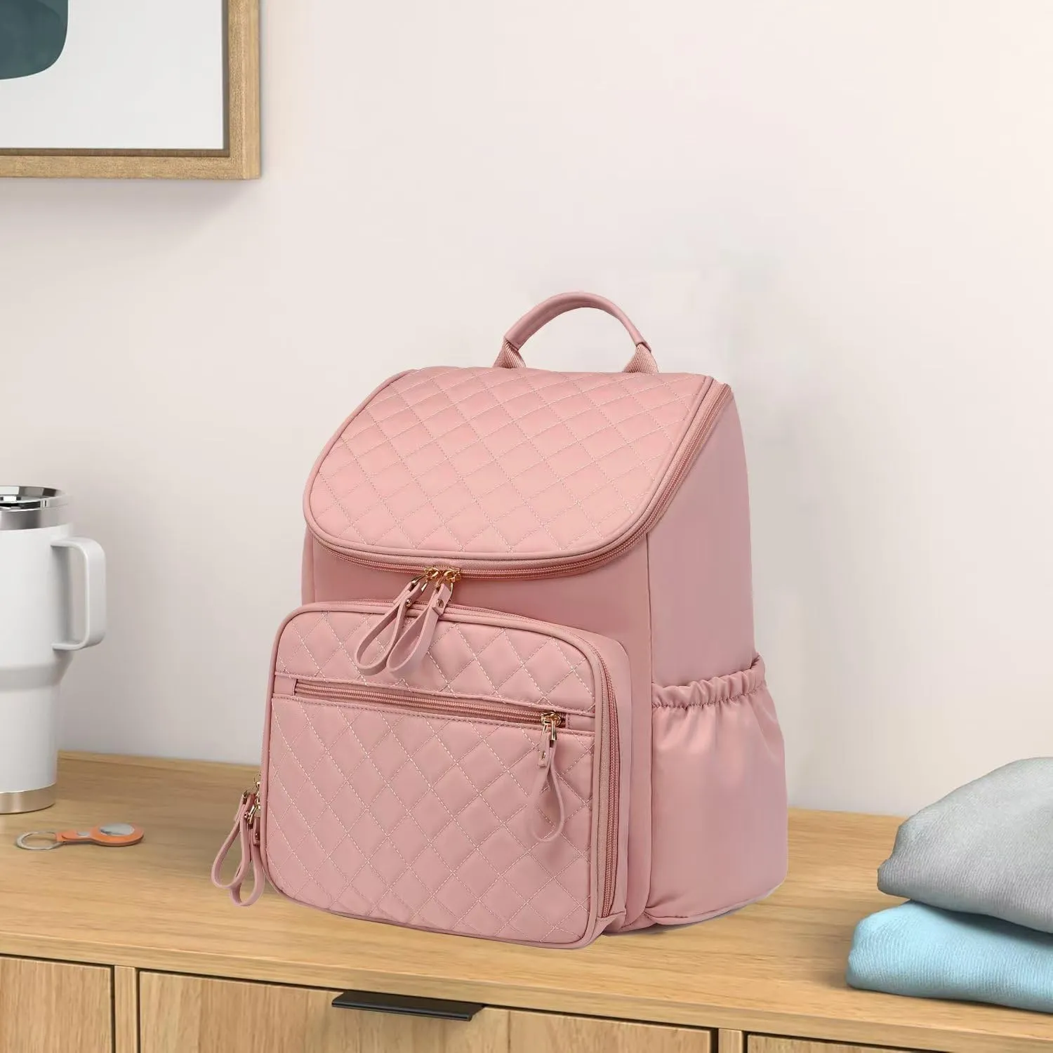 Large Capacity Diaper Bag with Stroller Buckle, Water-Resistant Travel Backpack with Insulated Pockets (Nylon, Pink)