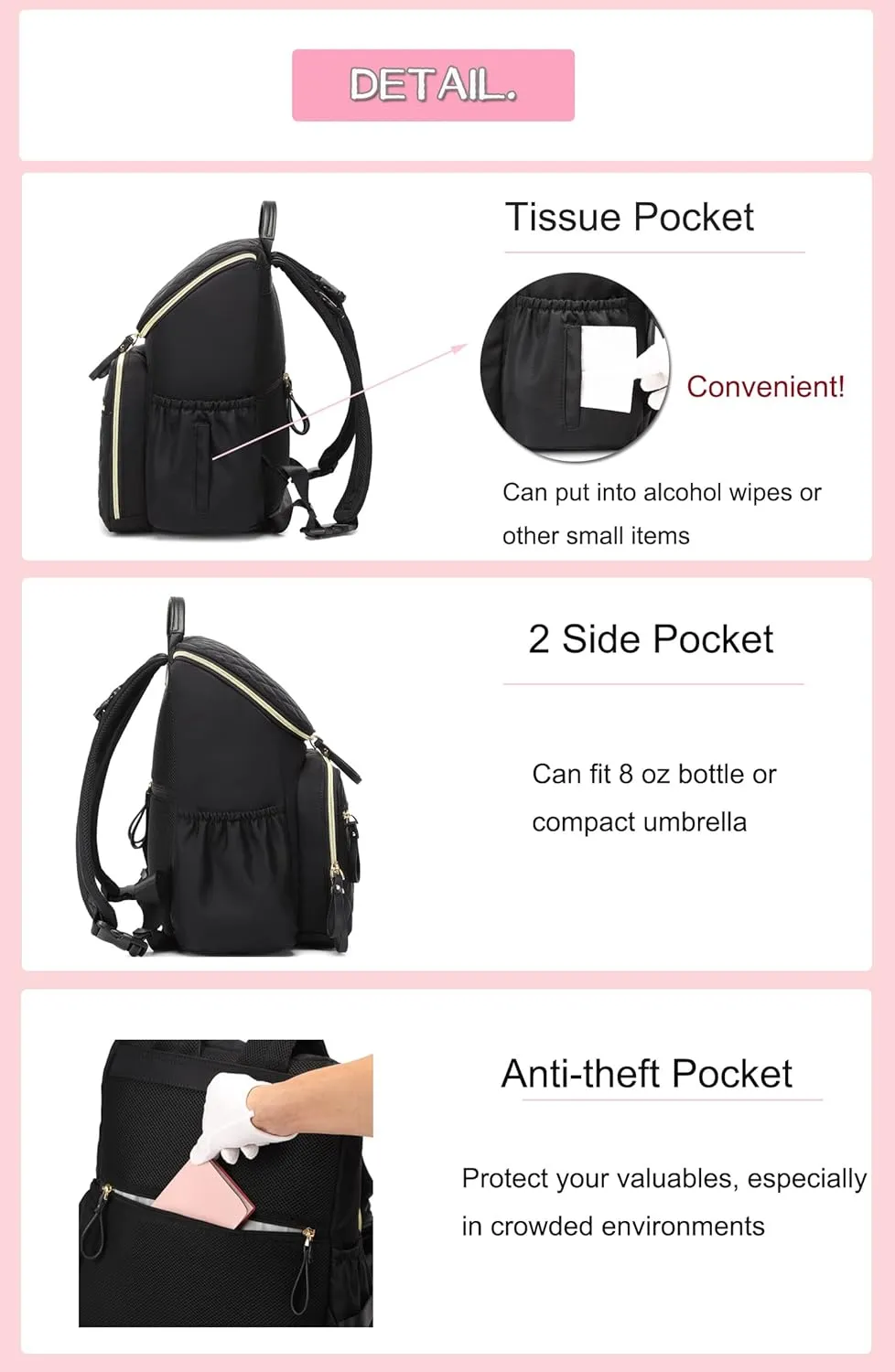 Large Capacity Diaper Bag with Stroller Buckle, Water-Resistant Travel Backpack with Insulated Pockets (Nylon, Pink)