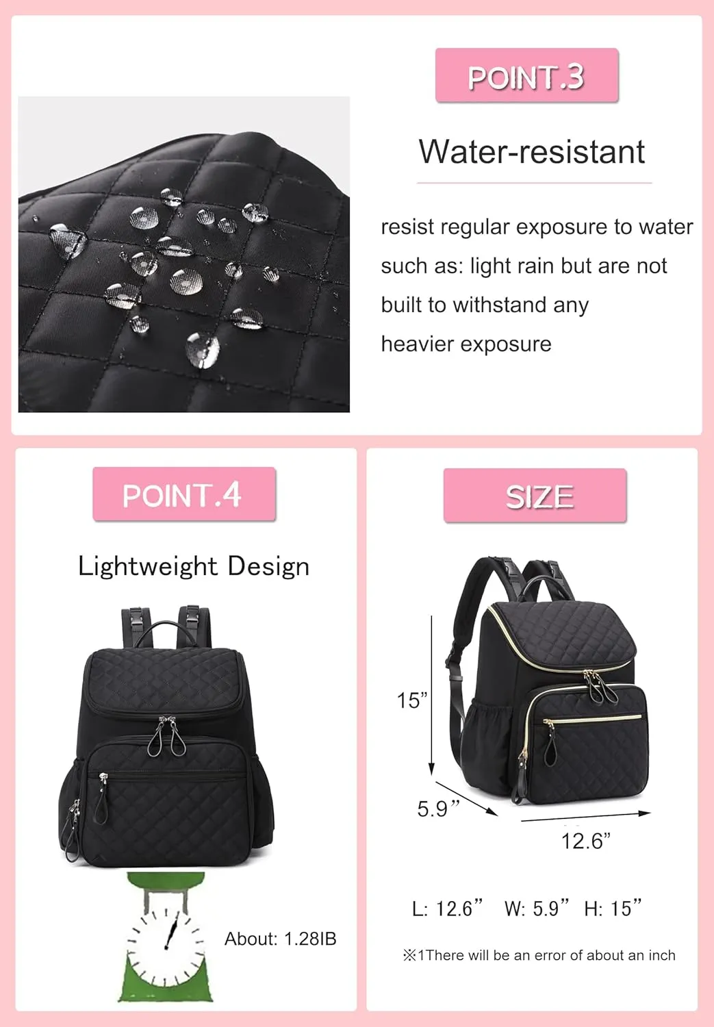 Large Capacity Diaper Bag with Stroller Buckle, Water-Resistant Travel Backpack with Insulated Pockets (Nylon, Pink)