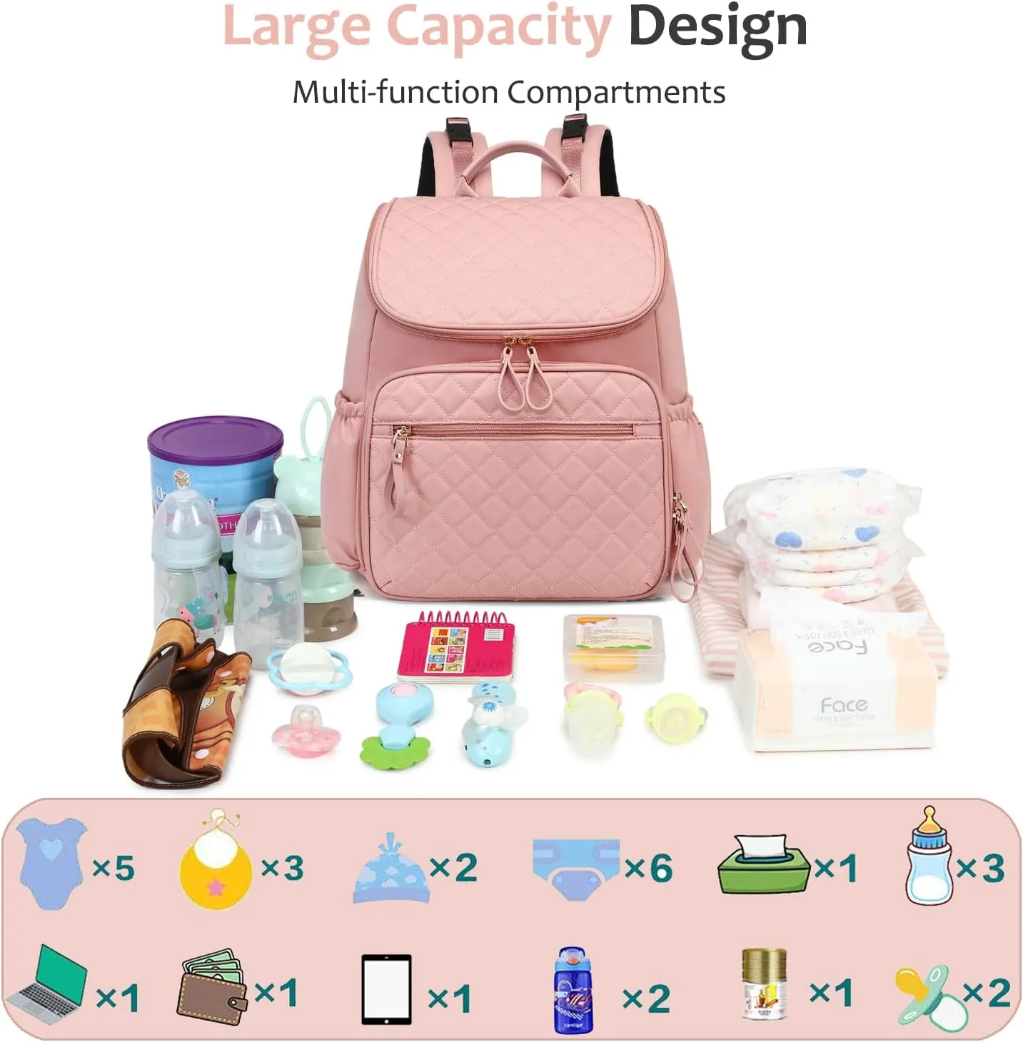 Large Capacity Diaper Bag with Stroller Buckle, Water-Resistant Travel Backpack with Insulated Pockets (Nylon, Pink)