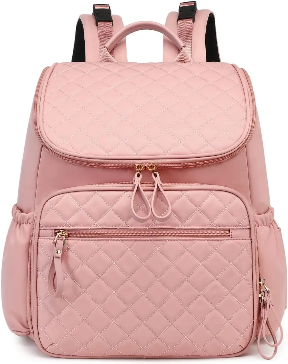 Large Capacity Diaper Bag with Stroller Buckle, Water-Resistant Travel Backpack with Insulated Pockets (Nylon, Pink)