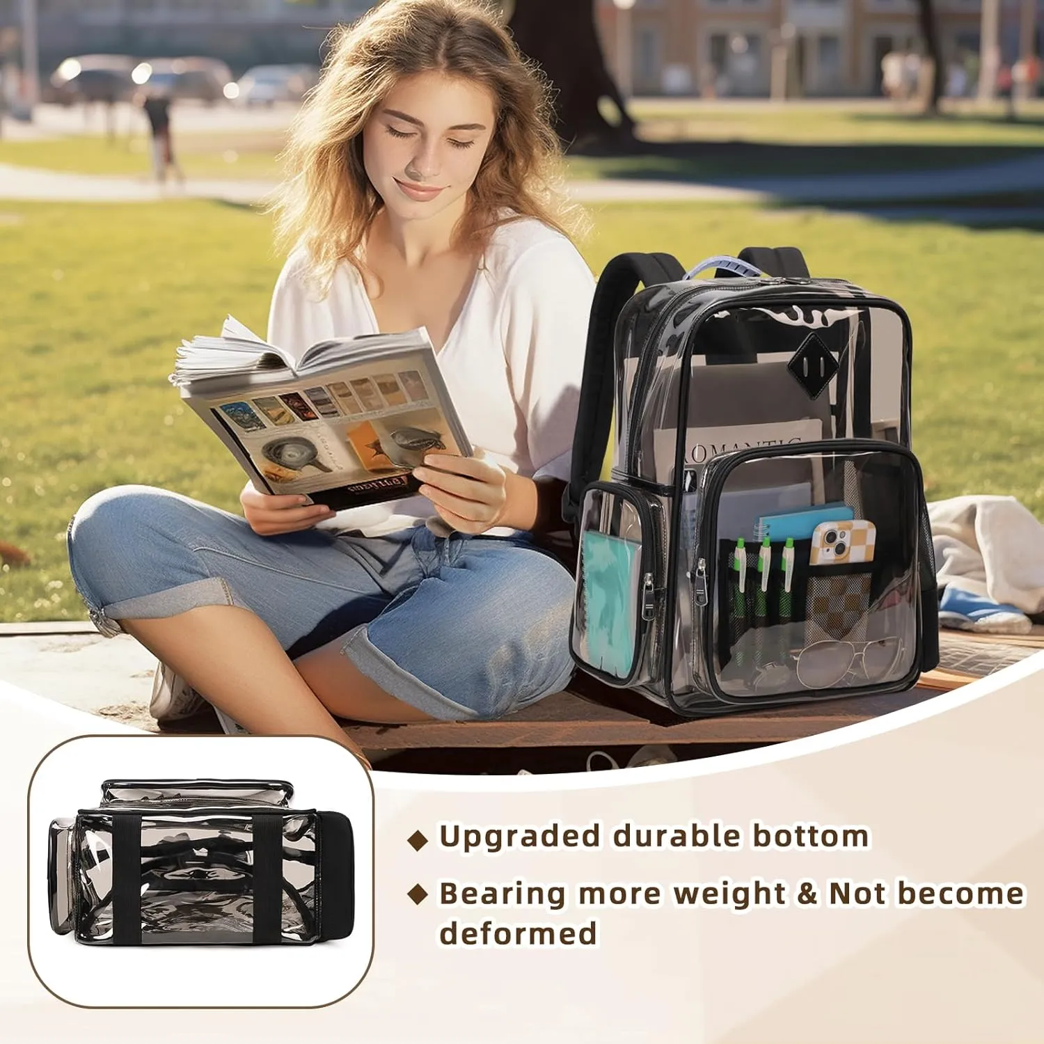 Large Clear Backpack Stadium Events Heavy Duty PVC Transparent Bookbag for School Men Women See Through Back Pack Fits 16 inch Laptop for College Work Travel, Black