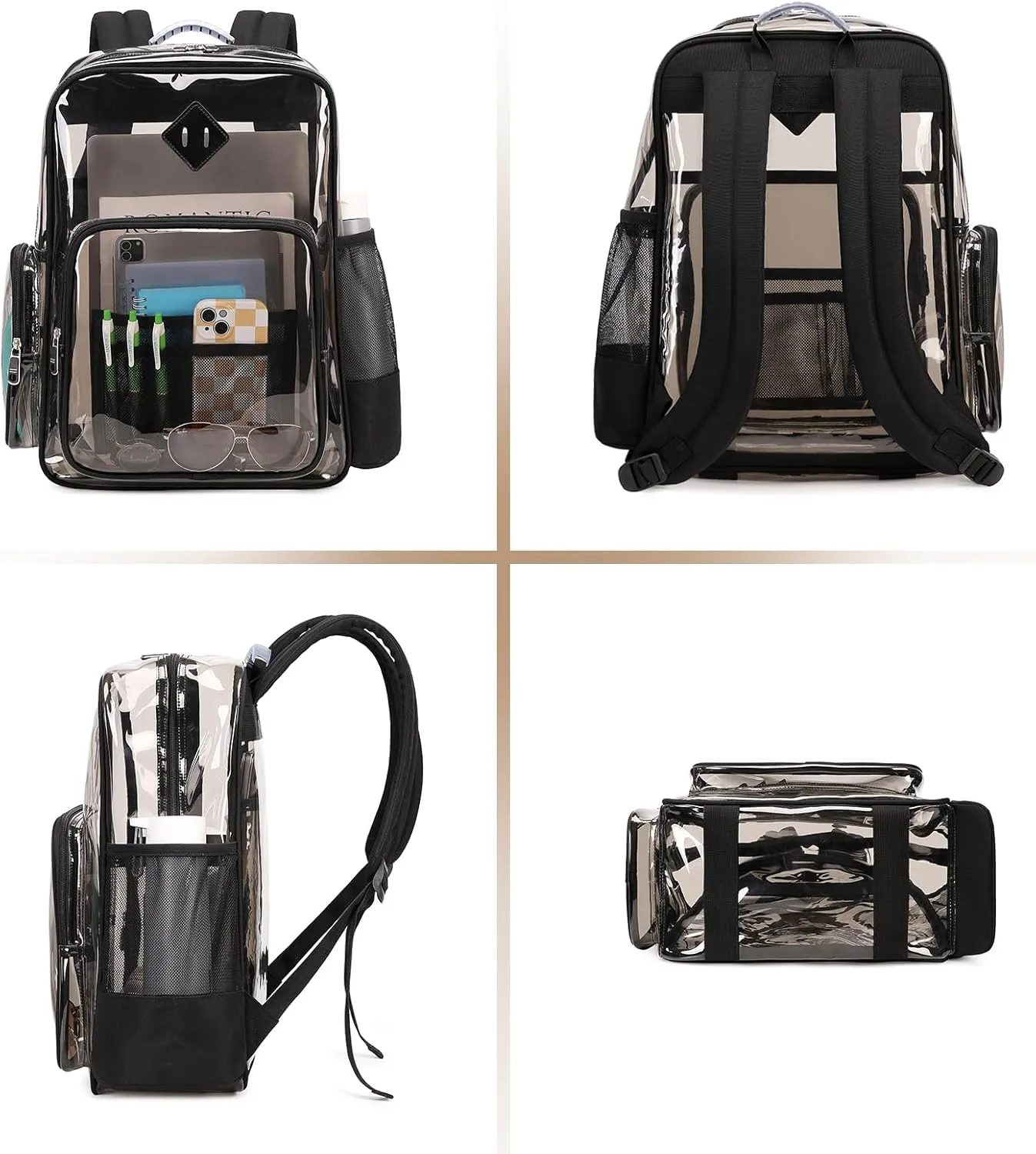 Large Clear Backpack Stadium Events Heavy Duty PVC Transparent Bookbag for School Men Women See Through Back Pack Fits 16 inch Laptop for College Work Travel, Black