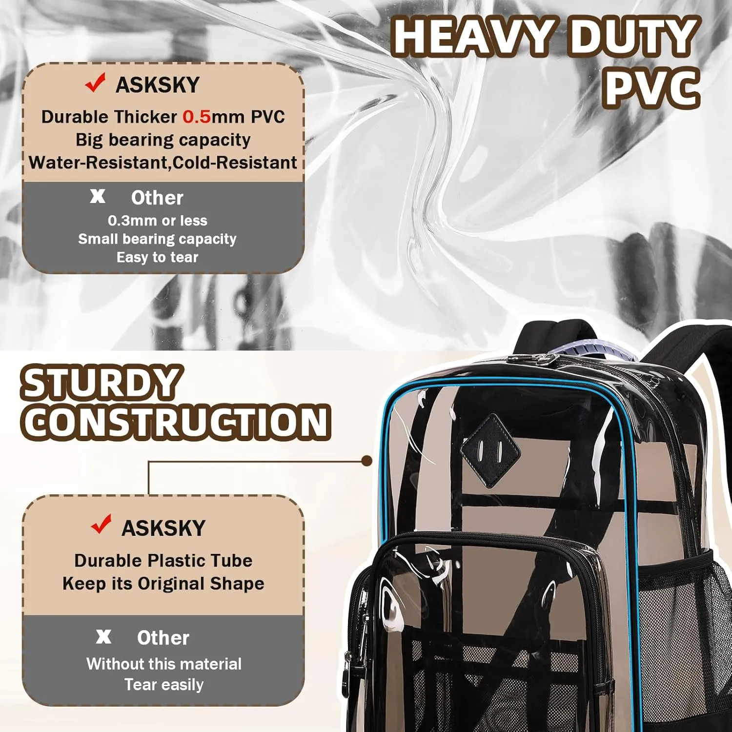 Large Clear Backpack Stadium Events Heavy Duty PVC Transparent Bookbag for School Men Women See Through Back Pack Fits 16 inch Laptop for College Work Travel, Black