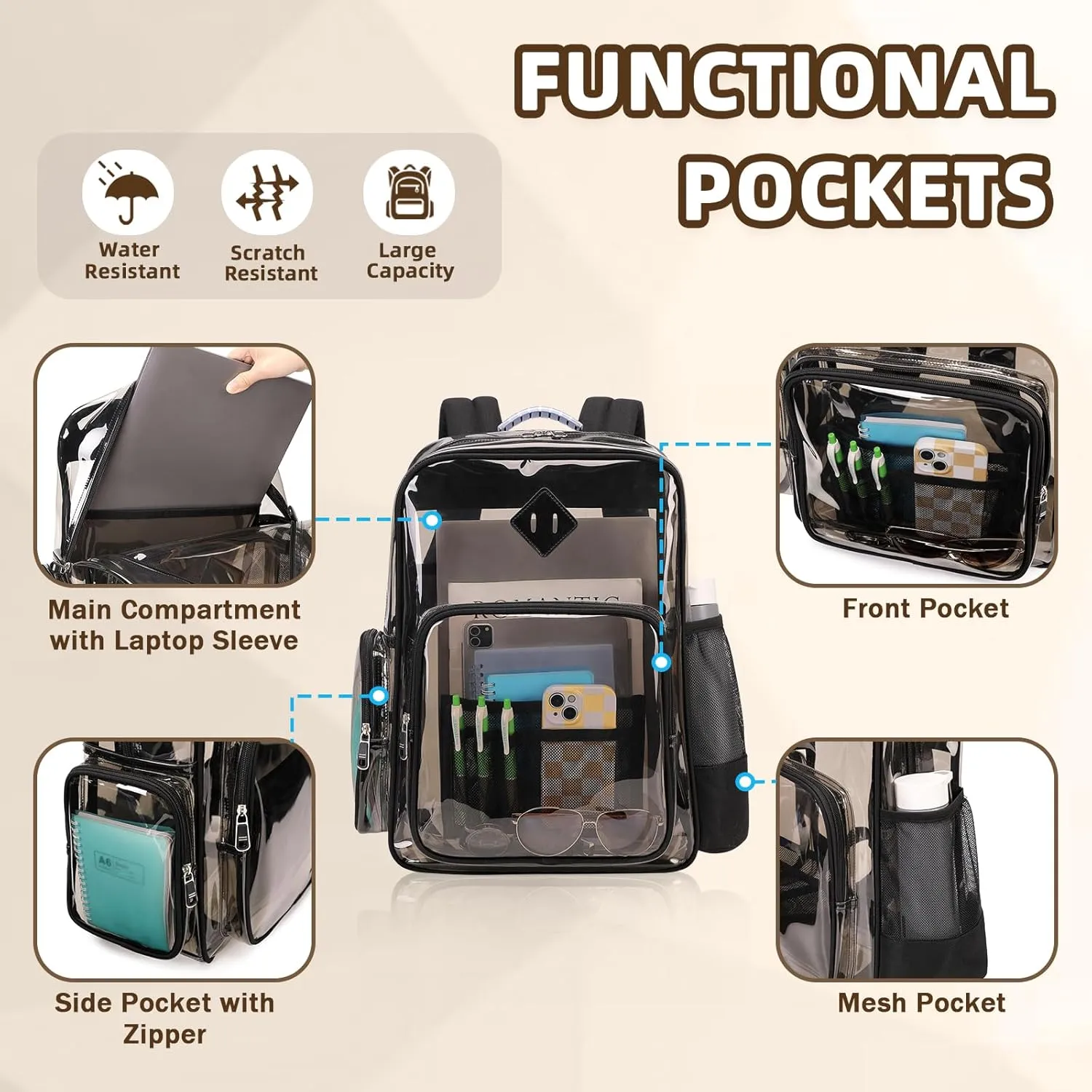 Large Clear Backpack Stadium Events Heavy Duty PVC Transparent Bookbag for School Men Women See Through Back Pack Fits 16 inch Laptop for College Work Travel, Black