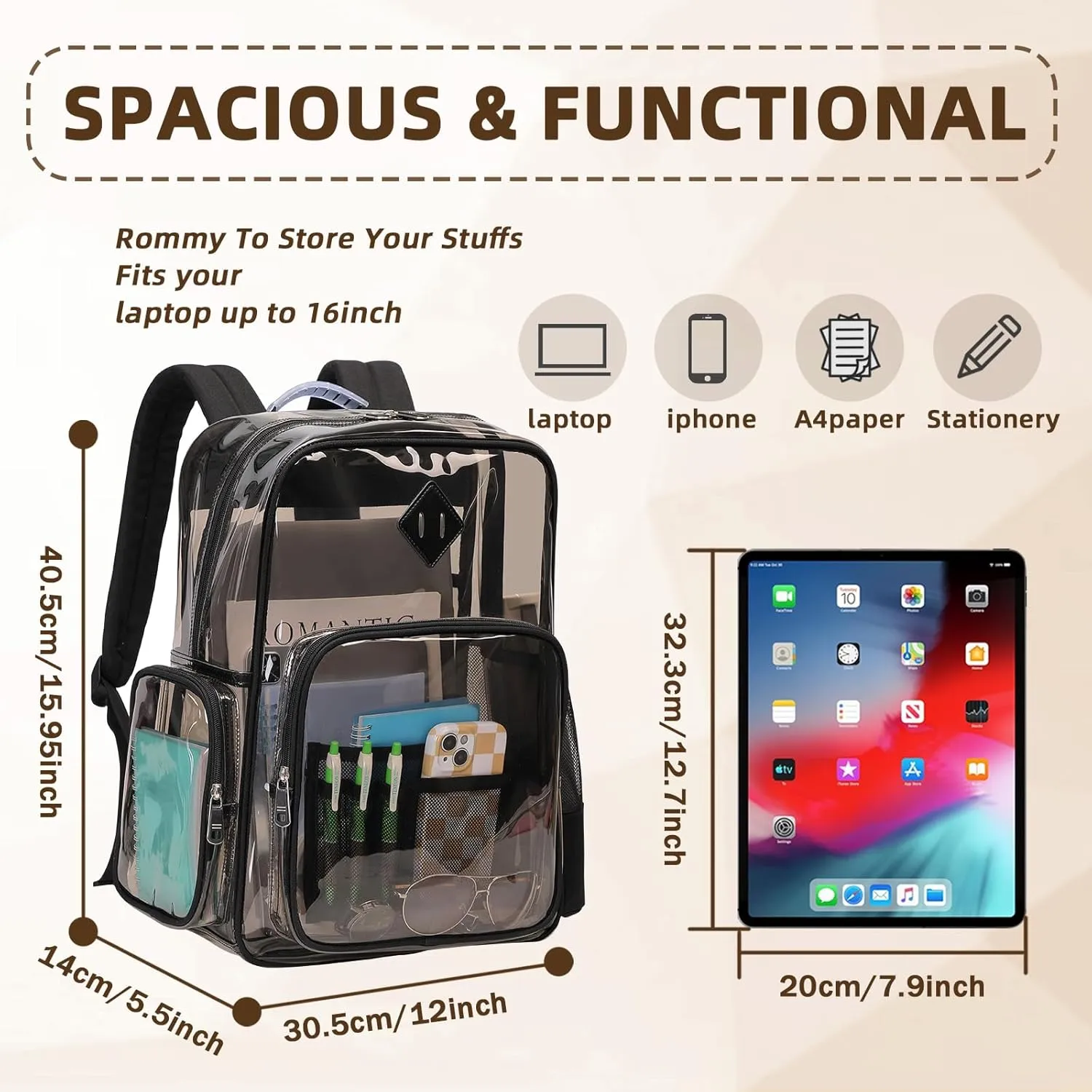 Large Clear Backpack Stadium Events Heavy Duty PVC Transparent Bookbag for School Men Women See Through Back Pack Fits 16 inch Laptop for College Work Travel, Black