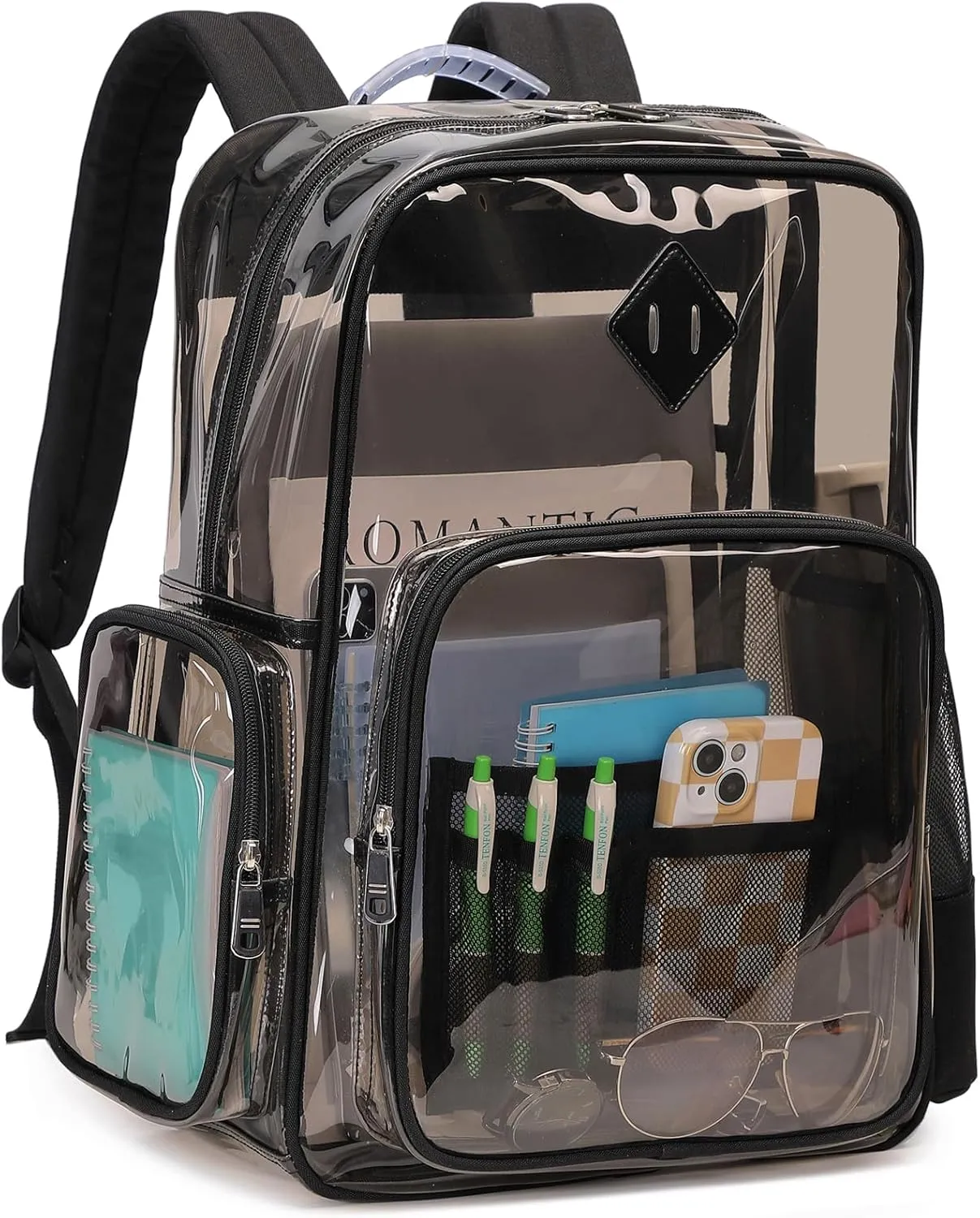 Large Clear Backpack Stadium Events Heavy Duty PVC Transparent Bookbag for School Men Women See Through Back Pack Fits 16 inch Laptop for College Work Travel, Black