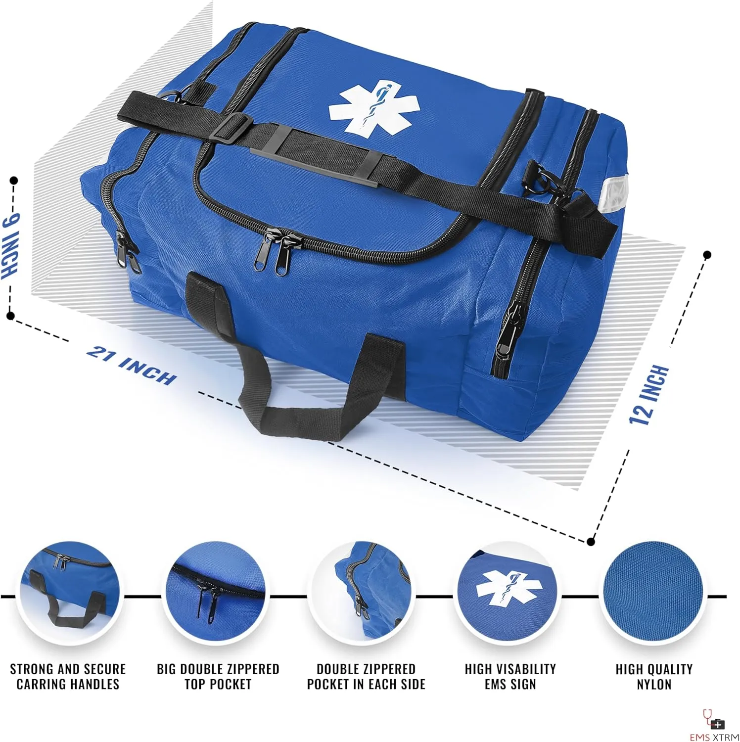 Large EMT Bag - Spacious, Multi-Compartment Medical Bag, Empty First Aid Bag for EMS, Hospitals, and Rescue Teams, Durable and Water-Resistant (Blue)