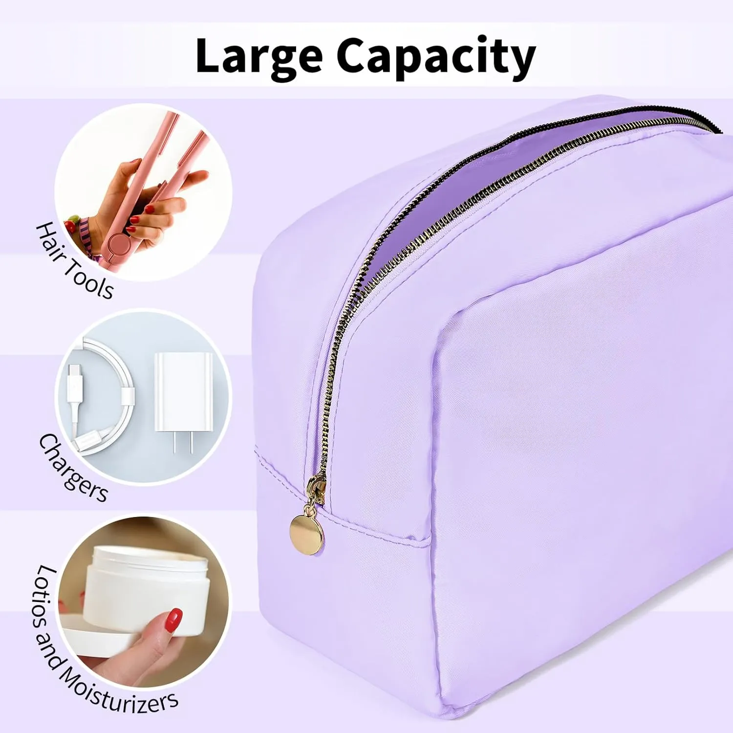 Large Makeup Bag Travel Bag Pouch, Purple Toiletry Bag Makeup Organizer Nylon Bag Cosmetic Preppy Bag Zipper Pouches Brides Bag