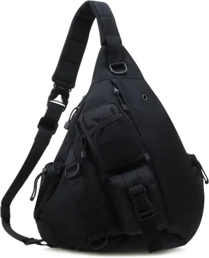 Large Sling Backpack for Men & Women, Waterproof Crossbody Chest Bag with Molle System, Hidden Earphone Hole, Adjustable Strap, Multi-Pocket Hiking Daypack for Travel, Outdoor, Work (Black)