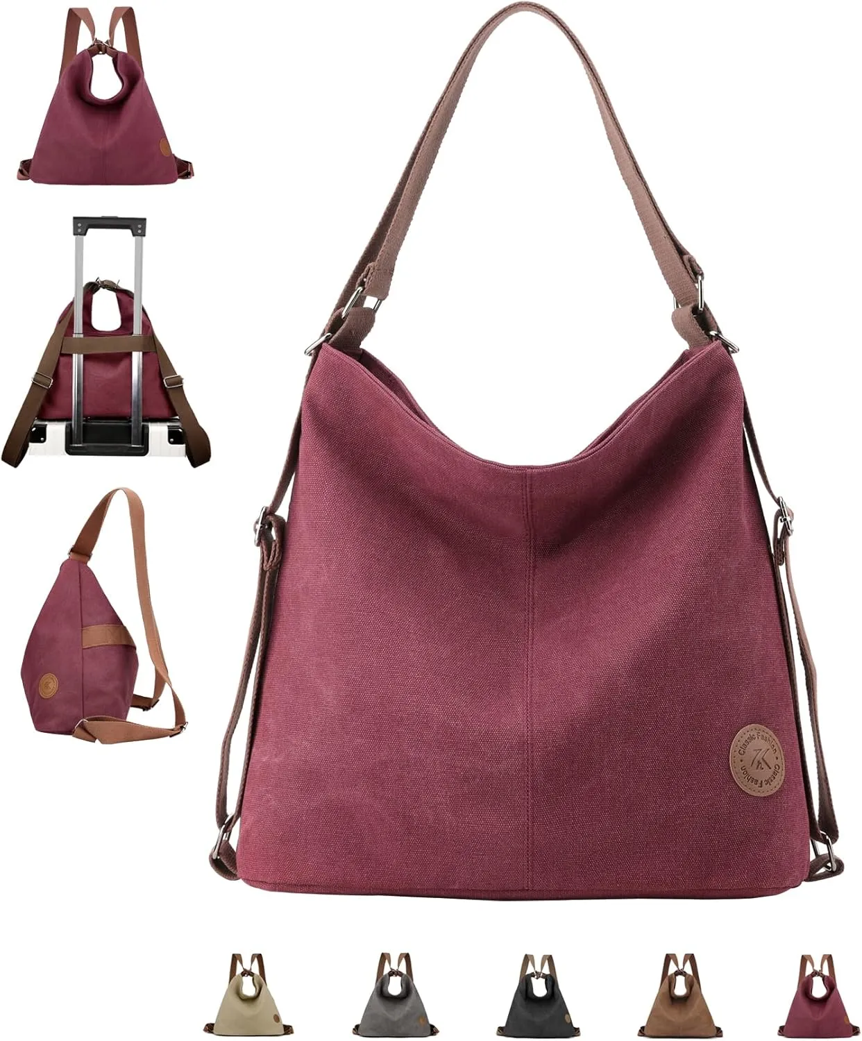 Large Tote Bag Convertible Backpack Purse for Women with Zipper Pockets, Canvas Crossbody Shoulder Hobo Bag 4-in-1