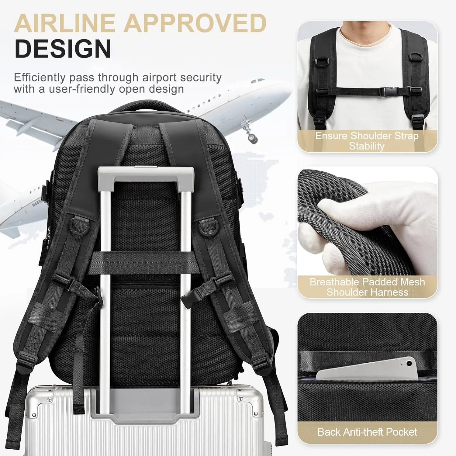 Large Travel Backpack for Women Mens 17 Inch Laptop Backpack, Waterproof Backpack Carry On Flight Approved with Shoe Compartment and USB Charging Port for Traveling, Hiking, Work, Black