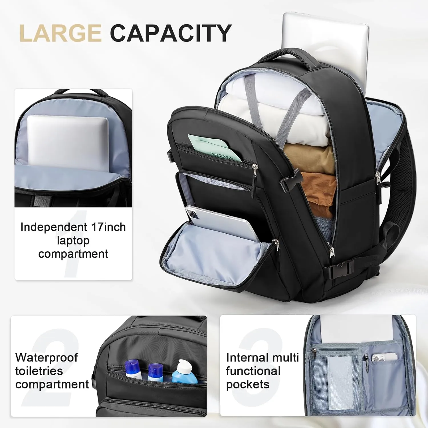 Large Travel Backpack for Women Mens 17 Inch Laptop Backpack, Waterproof Backpack Carry On Flight Approved with Shoe Compartment and USB Charging Port for Traveling, Hiking, Work, Black