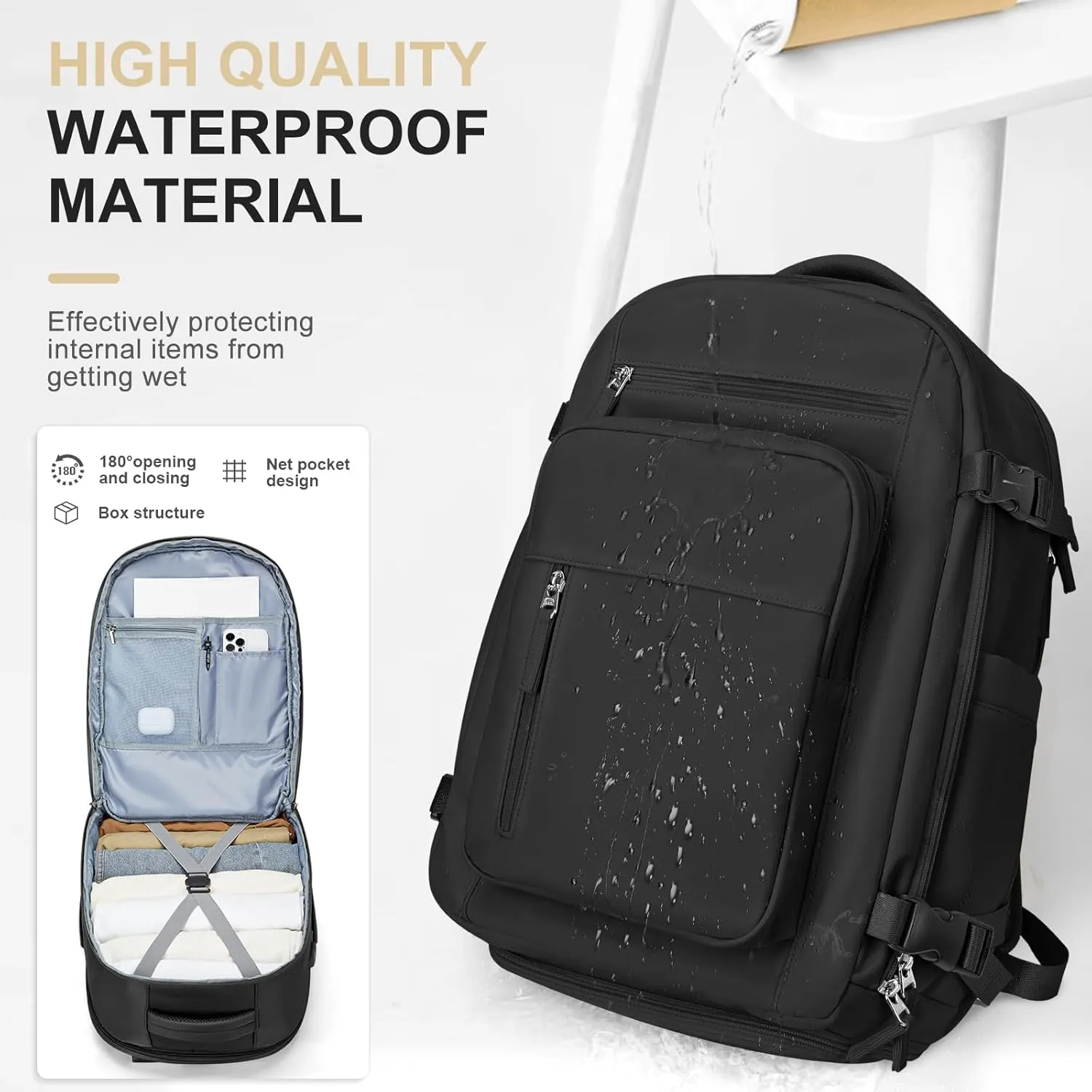 Large Travel Backpack for Women Mens 17 Inch Laptop Backpack, Waterproof Backpack Carry On Flight Approved with Shoe Compartment and USB Charging Port for Traveling, Hiking, Work, Black