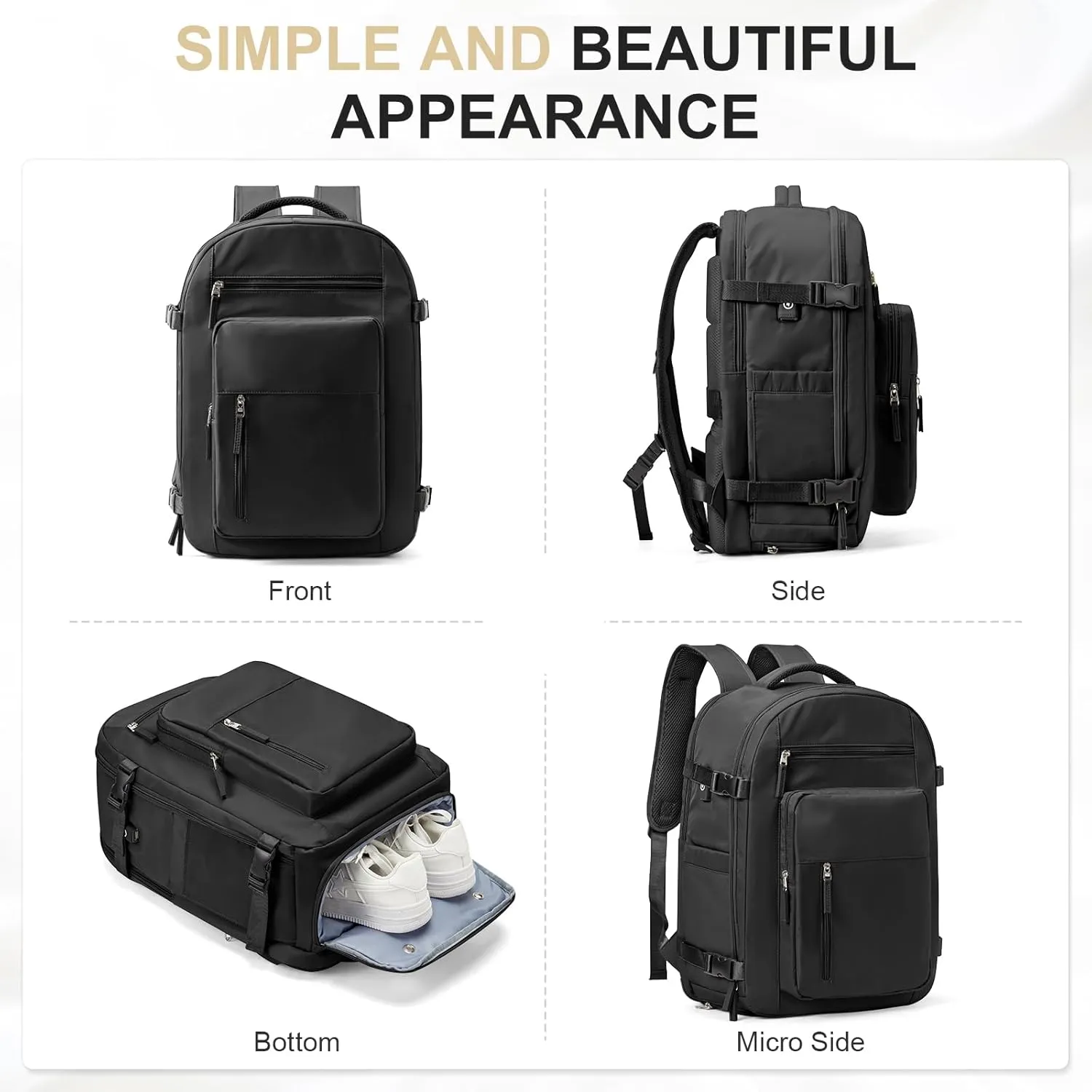 Large Travel Backpack for Women Mens 17 Inch Laptop Backpack, Waterproof Backpack Carry On Flight Approved with Shoe Compartment and USB Charging Port for Traveling, Hiking, Work, Black