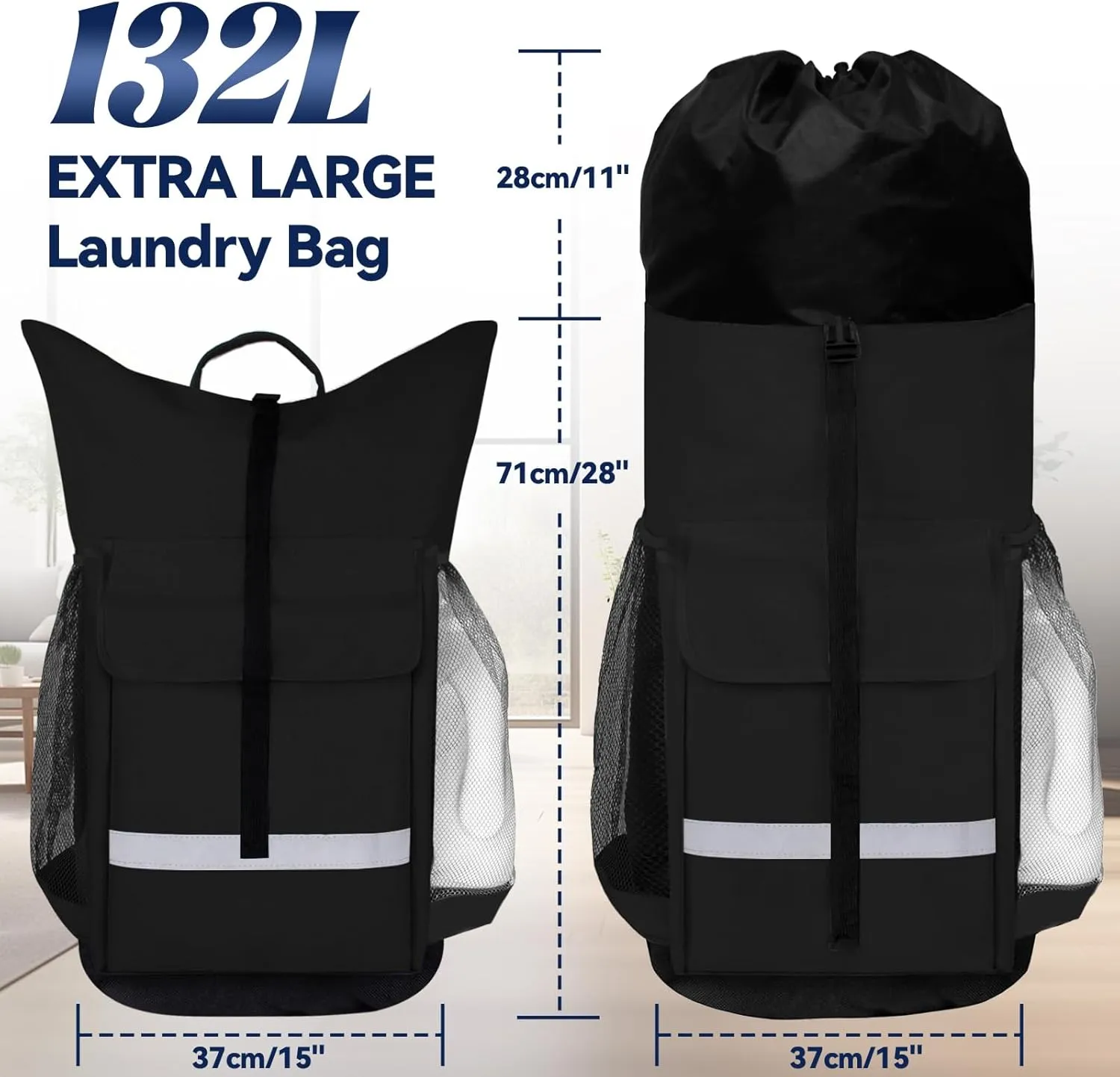 Laundry Bag Backpack, Extra Large Heavy Duty Laundry Backpack with Padded Shoulder Straps Mesh Pocket for College Dorm Essentials Apartment and Laundromat, Travel Beach Camping (Black)