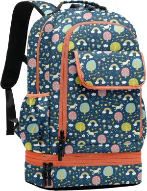 Leaper Water-resistant Cute Rainbow Laptop Backpack Double Deck Lunch Bag Satchel Dark Blue