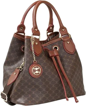 Leather Accents Drawstring Tote Shoulder Bucket Handbags for Women