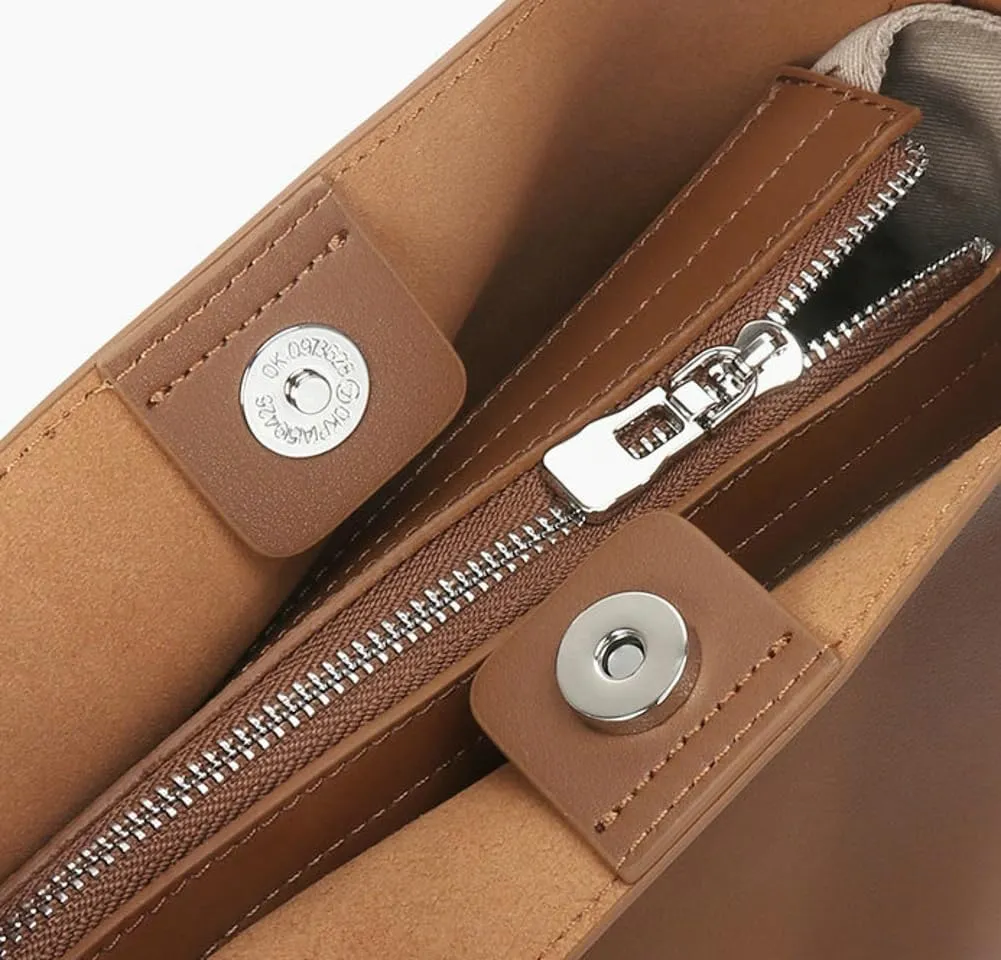 Leather Bucket Tote Purse for Women Designer Top-Handle Handbags for Women Shoulder Bag with Pockets and Magnetic Snap