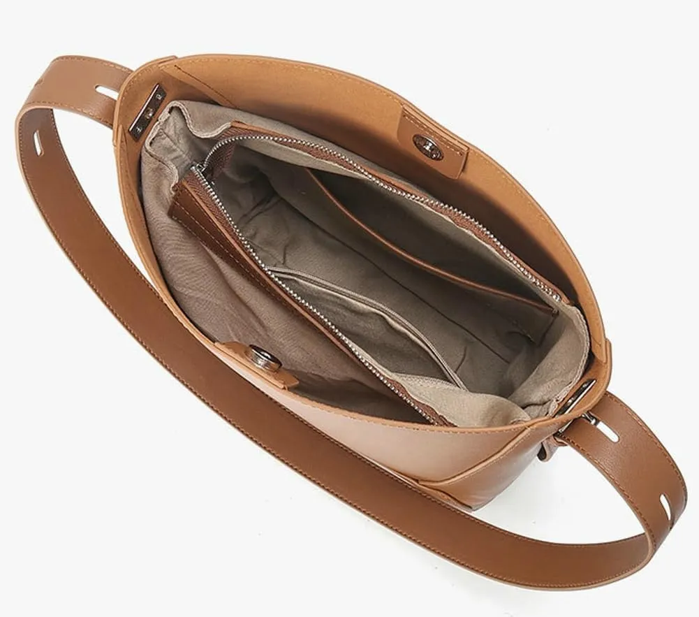Leather Bucket Tote Purse for Women Designer Top-Handle Handbags for Women Shoulder Bag with Pockets and Magnetic Snap