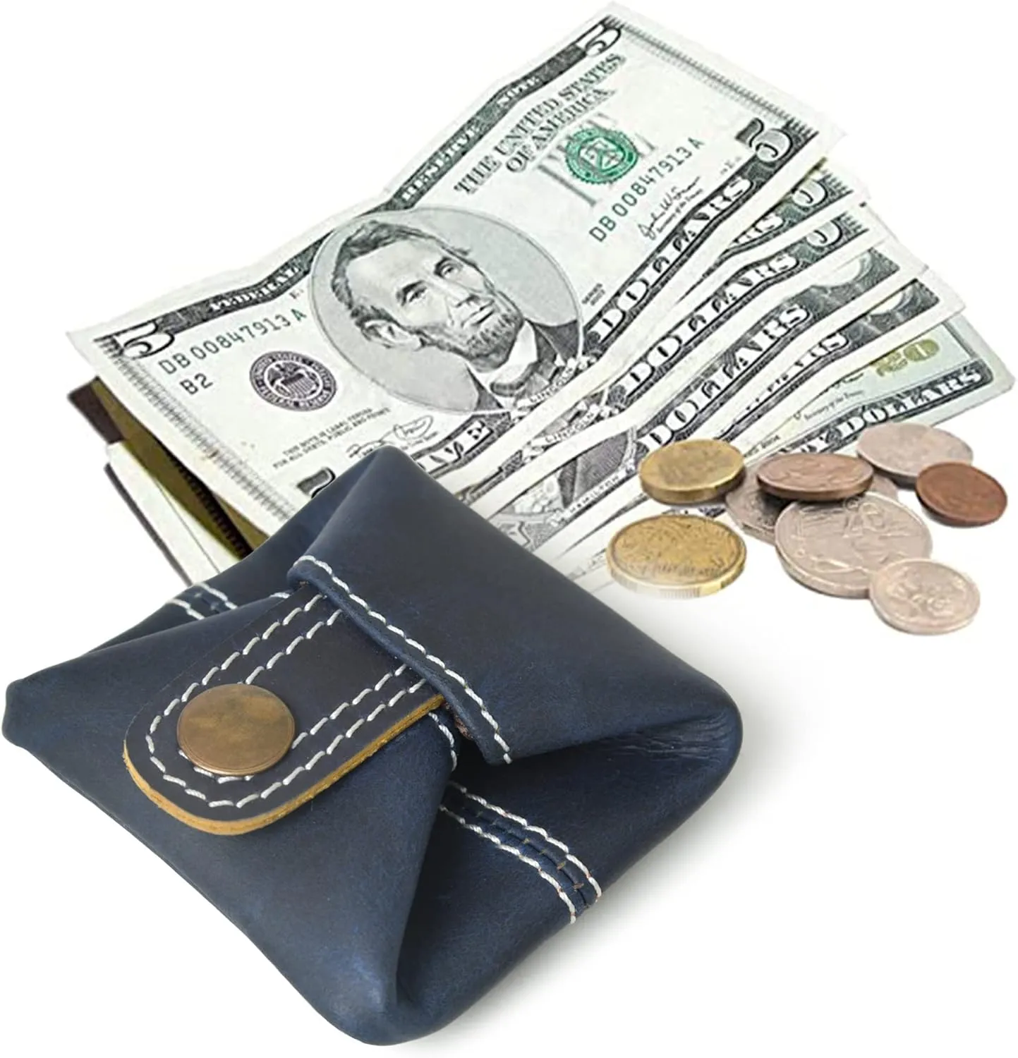 Leather Coin Pouch Change Holder Mini Pocket Wallet for Men Women (Blue, Pack of 1)