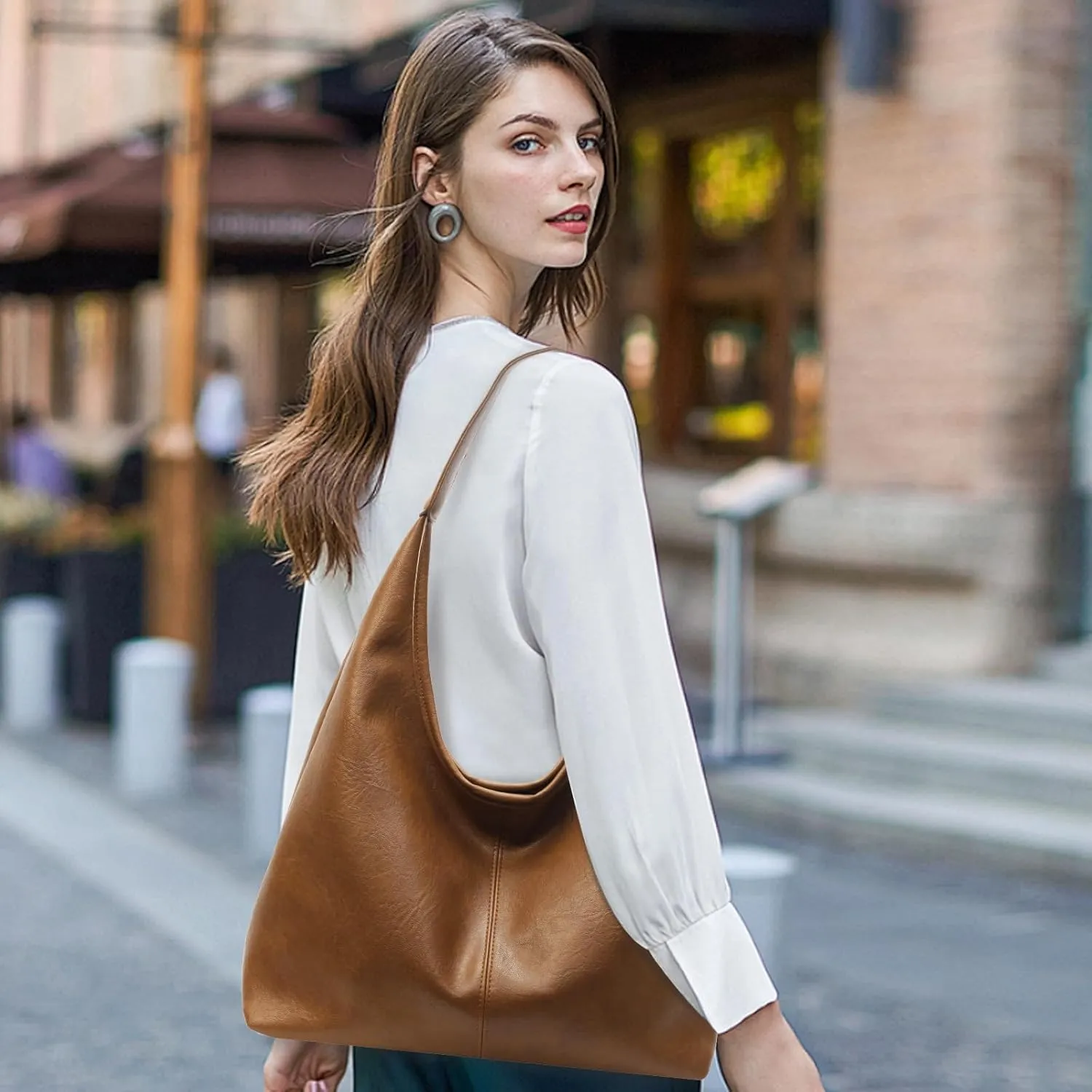 Leather Hobo Bags for Women Slouchy Tote Bag Retro PU Leather Purse Soft Shoulder Handbags Large Work Tote Bag 2pcs
