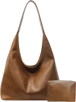 Leather Hobo Bags for Women Slouchy Tote Bag Retro PU Leather Purse Soft Shoulder Handbags Large Work Tote Bag 2pcs