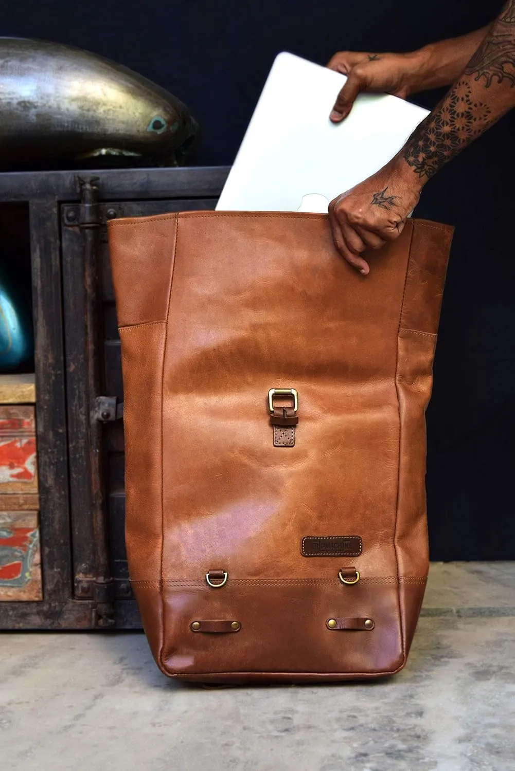 Leather Rolling Backpack Motorcycle Pannier Classic Roll Top Waterproof Travel Laptop Bag 15 Litre Capacity By Trip Machine Company (Vintage Tan)