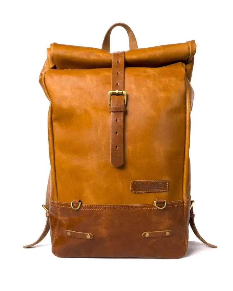 Leather Rolling Backpack Motorcycle Pannier Classic Roll Top Waterproof Travel Laptop Bag 15 Litre Capacity By Trip Machine Company (Vintage Tan)