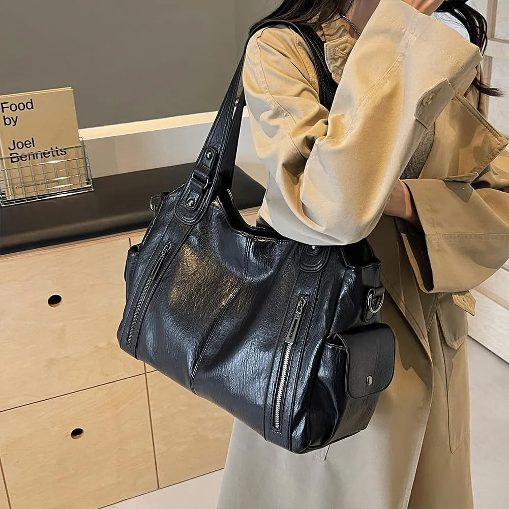 Leather Tote Bag For Women Soft Leather Hobo Purses Large Satchel Bags Crossbody Slouchy Bag Multi Pockets Leather Handbags
