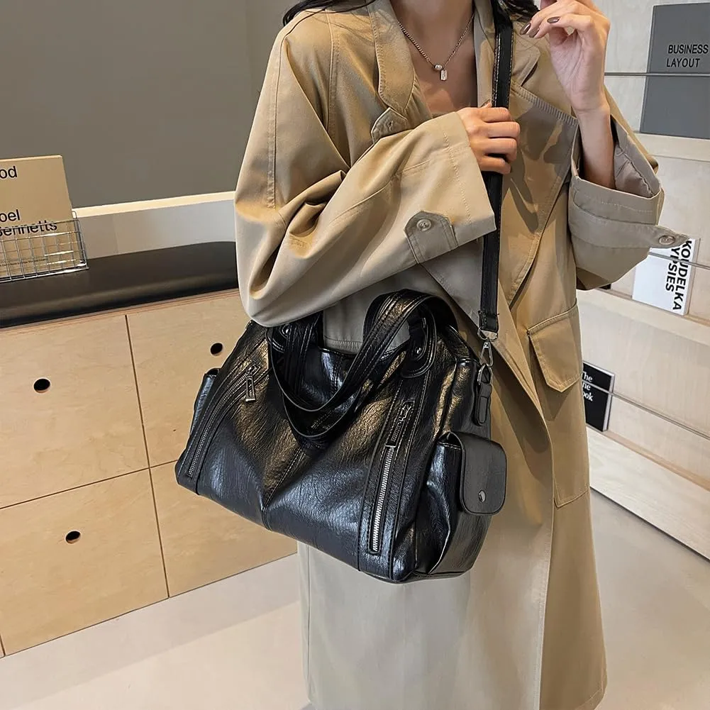 Leather Tote Bag For Women Soft Leather Hobo Purses Large Satchel Bags Crossbody Slouchy Bag Multi Pockets Leather Handbags