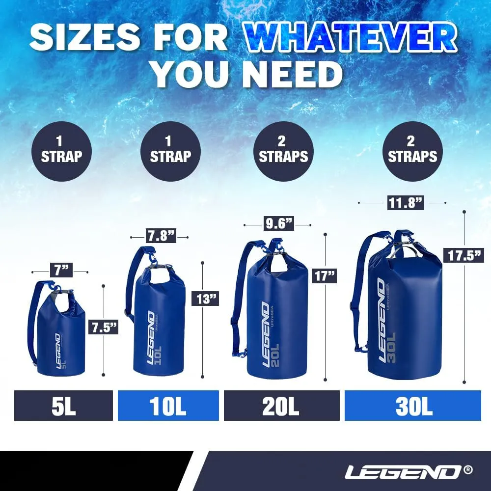 Legend UltraSEA Waterproof Dry Bag 5L/10L/20L/30L - Drybag Waterproof Bag for Kayaking, Swimming & Travel, Roll Top Floating Dry Bag, Lightweight Dry Sack for Boating, Rafting and Beach - 10L Blue