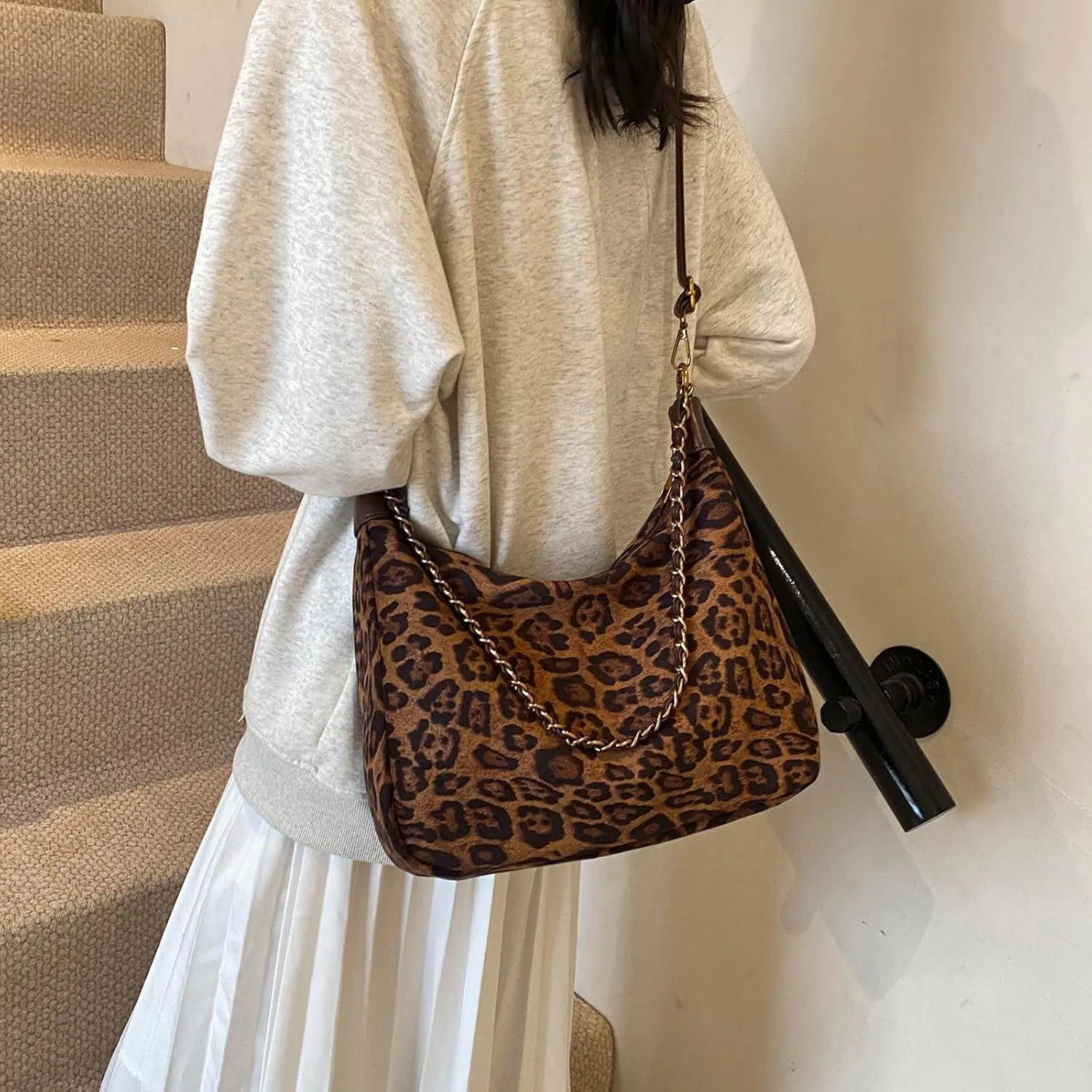 Leopard Faux Suede Purse for Women Cheetah Print Handbags Shoulder Purse Hobo purse