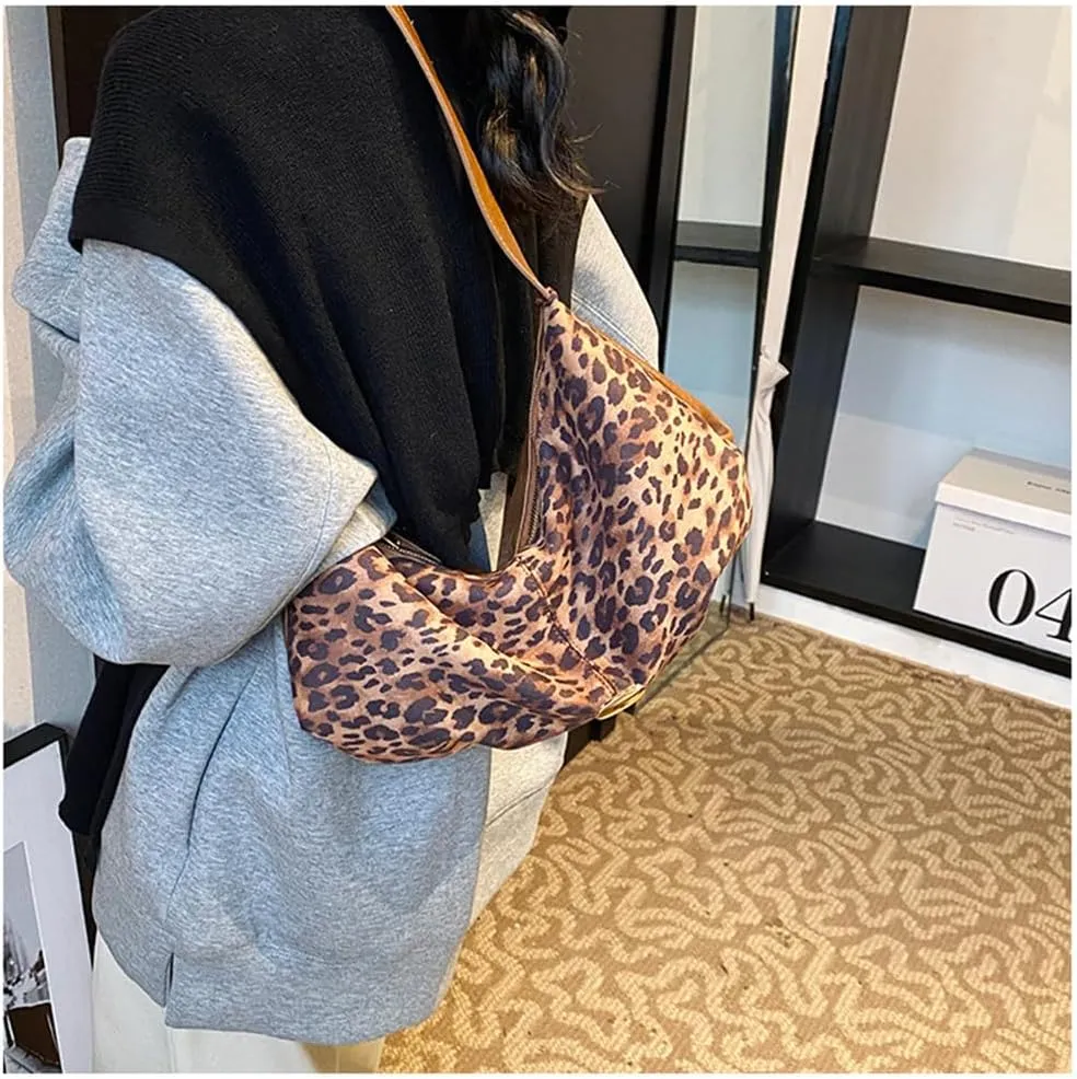 Leopard Slouchy Shoulder Bag for Women Vintage Cheetah Print Hobo Tote Handbag Leopard Crescent Crossbody Bag