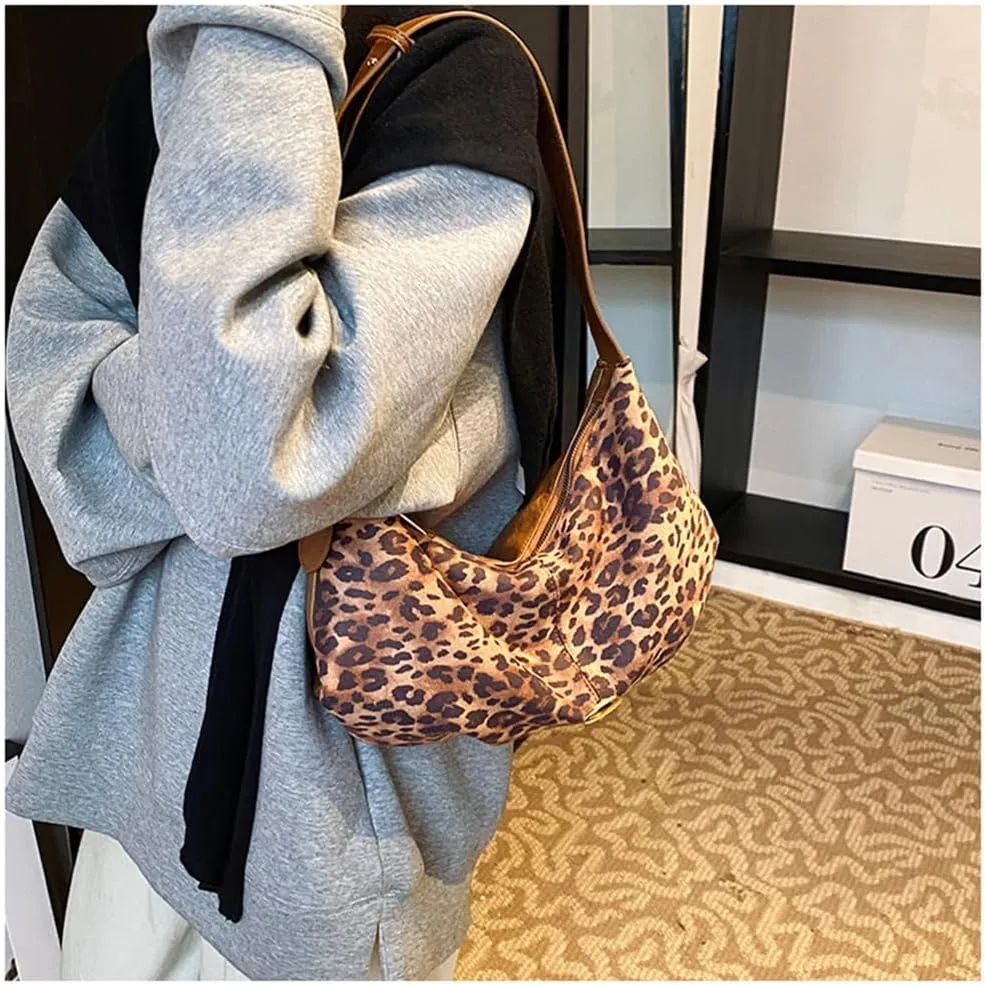 Leopard Slouchy Shoulder Bag for Women Vintage Cheetah Print Hobo Tote Handbag Leopard Crescent Crossbody Bag