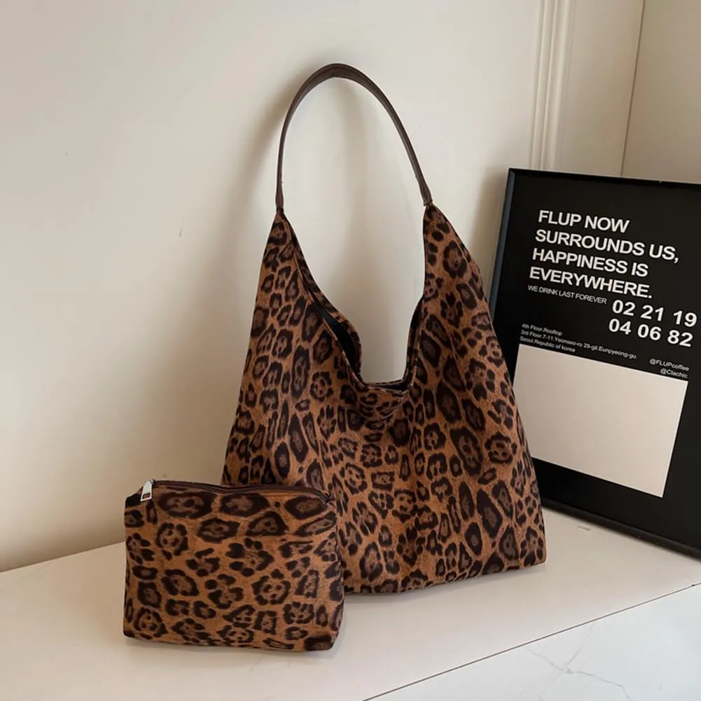 Leopard Tote Bag for Women, Cute Animal Print Purse, Vintage Hobo Bag, Large Capacity, Suede