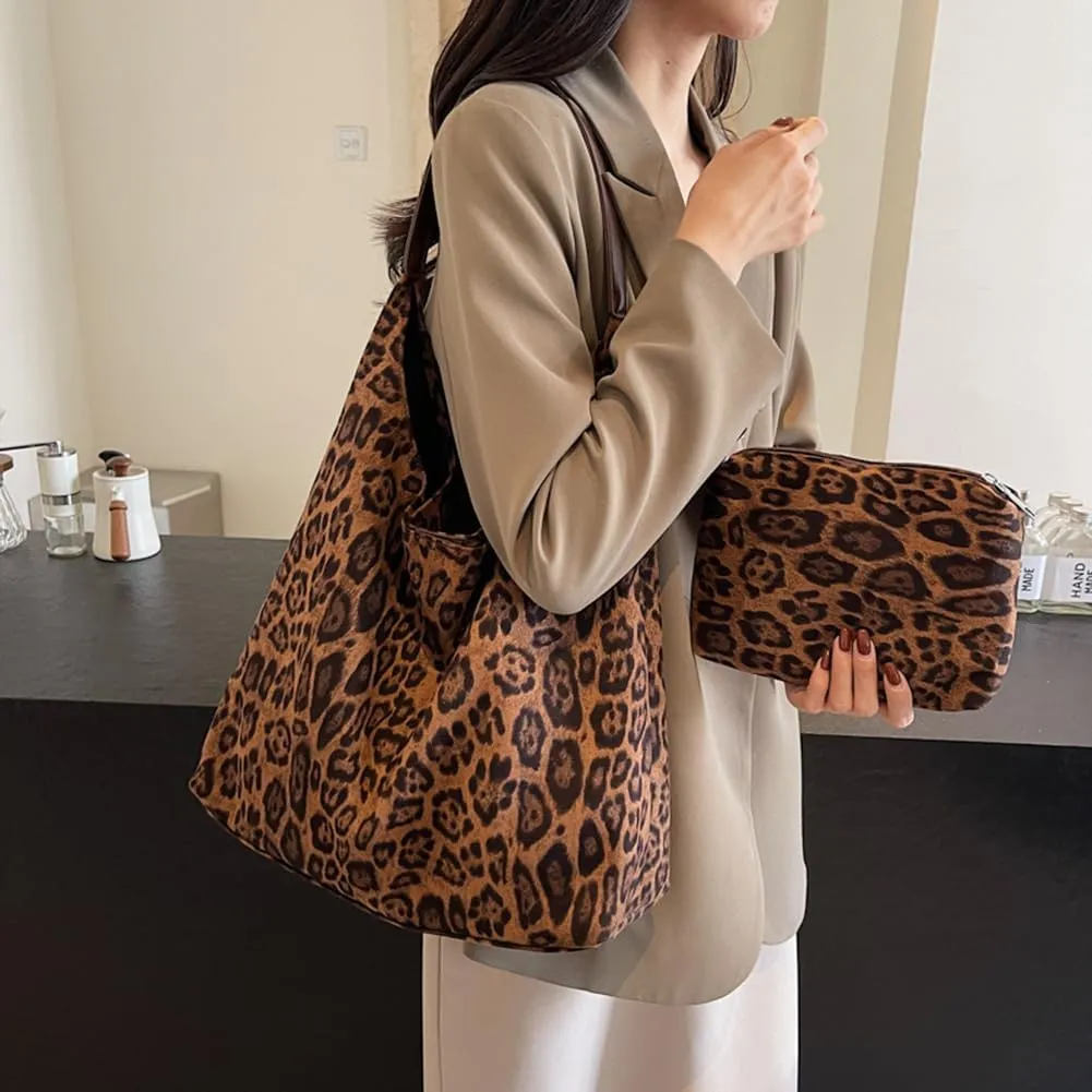 Leopard Tote Bag for Women, Cute Animal Print Purse, Vintage Hobo Bag, Large Capacity, Suede