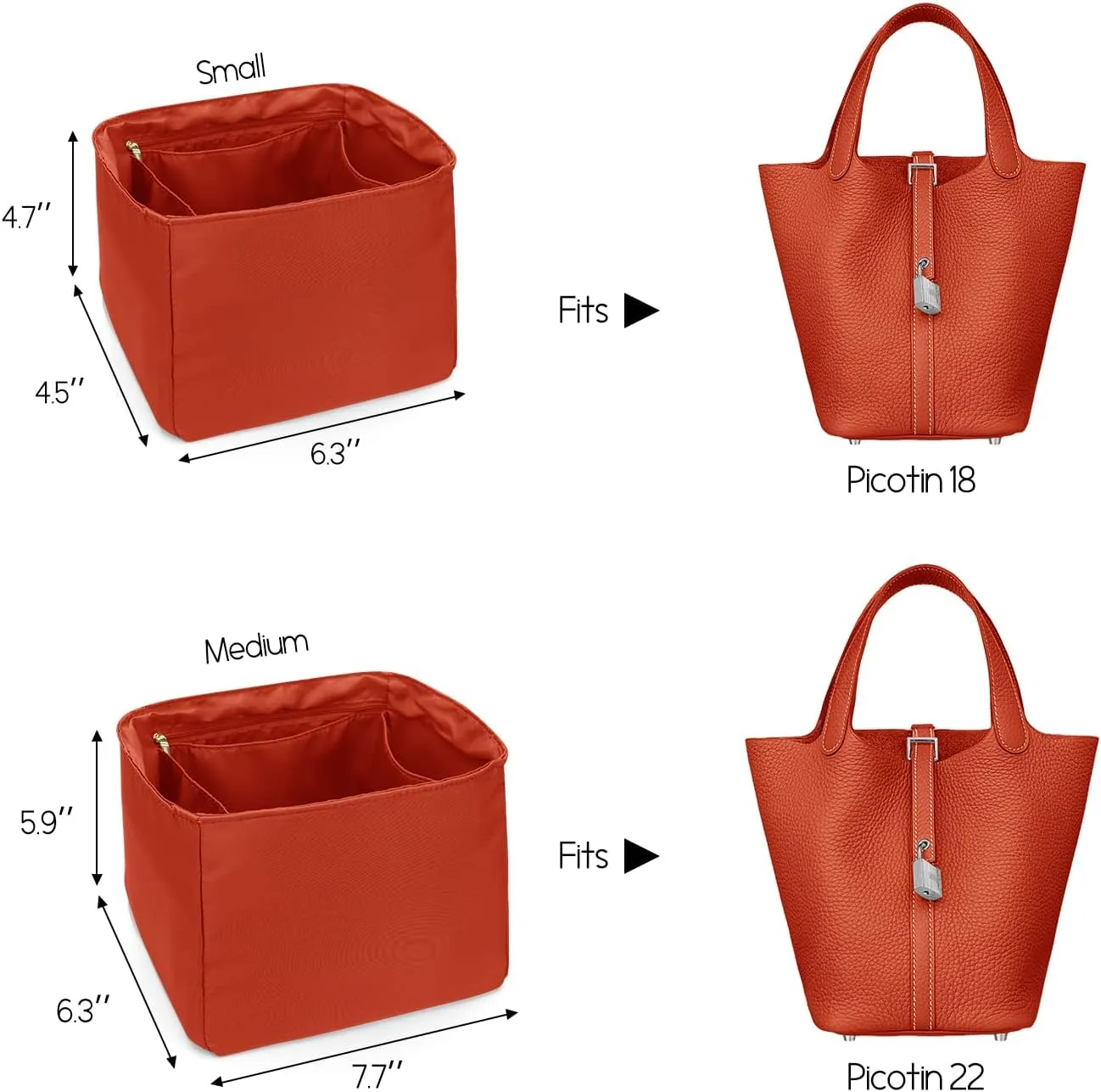 LEXSION Silky Handbag Organizer Fits Picotin 18/22 Bags,Purse Organizer Insert Luxury Zipper Purse Tote Bag Shapers 8038 Orange M