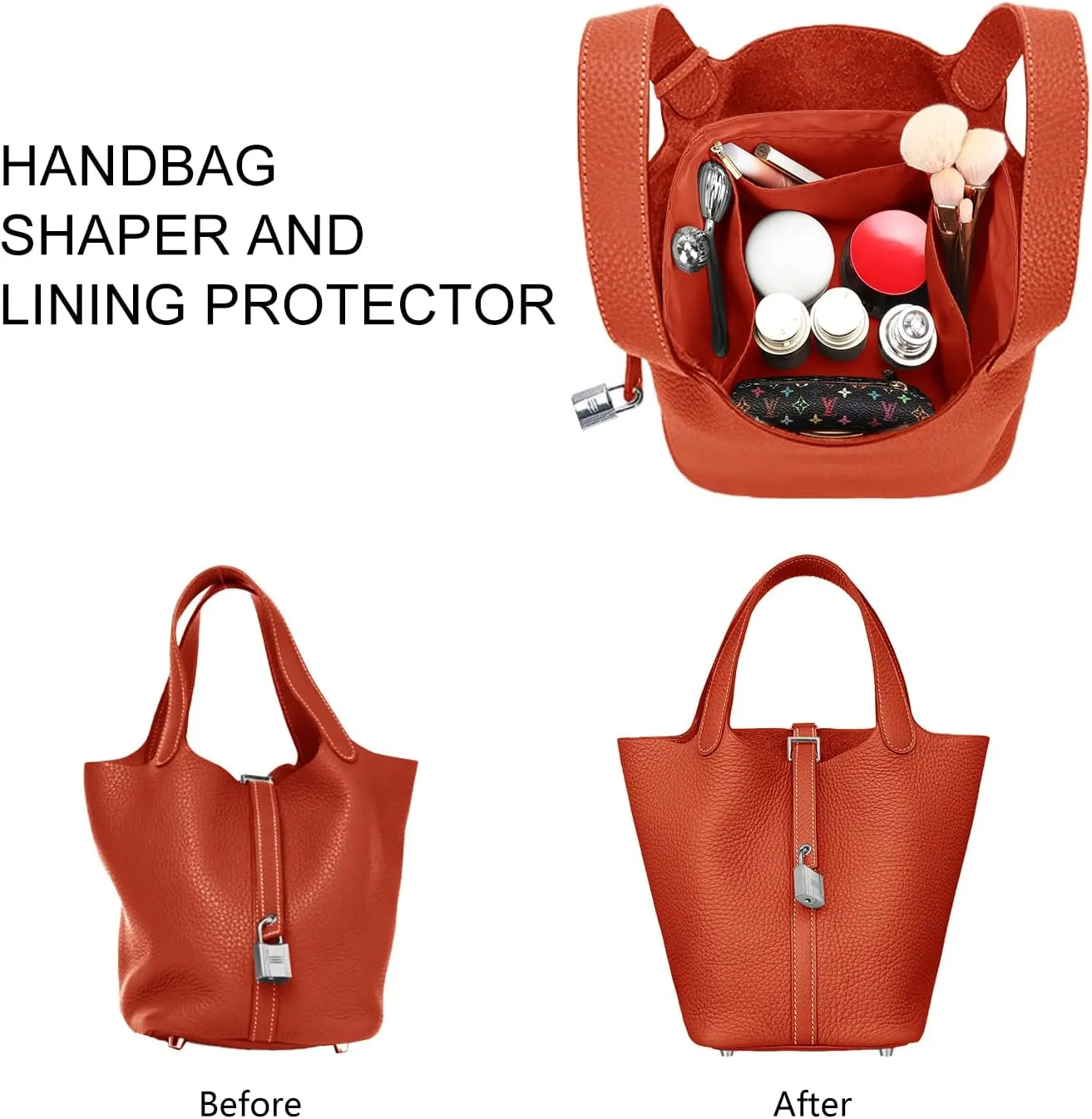 LEXSION Silky Handbag Organizer Fits Picotin 18/22 Bags,Purse Organizer Insert Luxury Zipper Purse Tote Bag Shapers 8038 Orange M