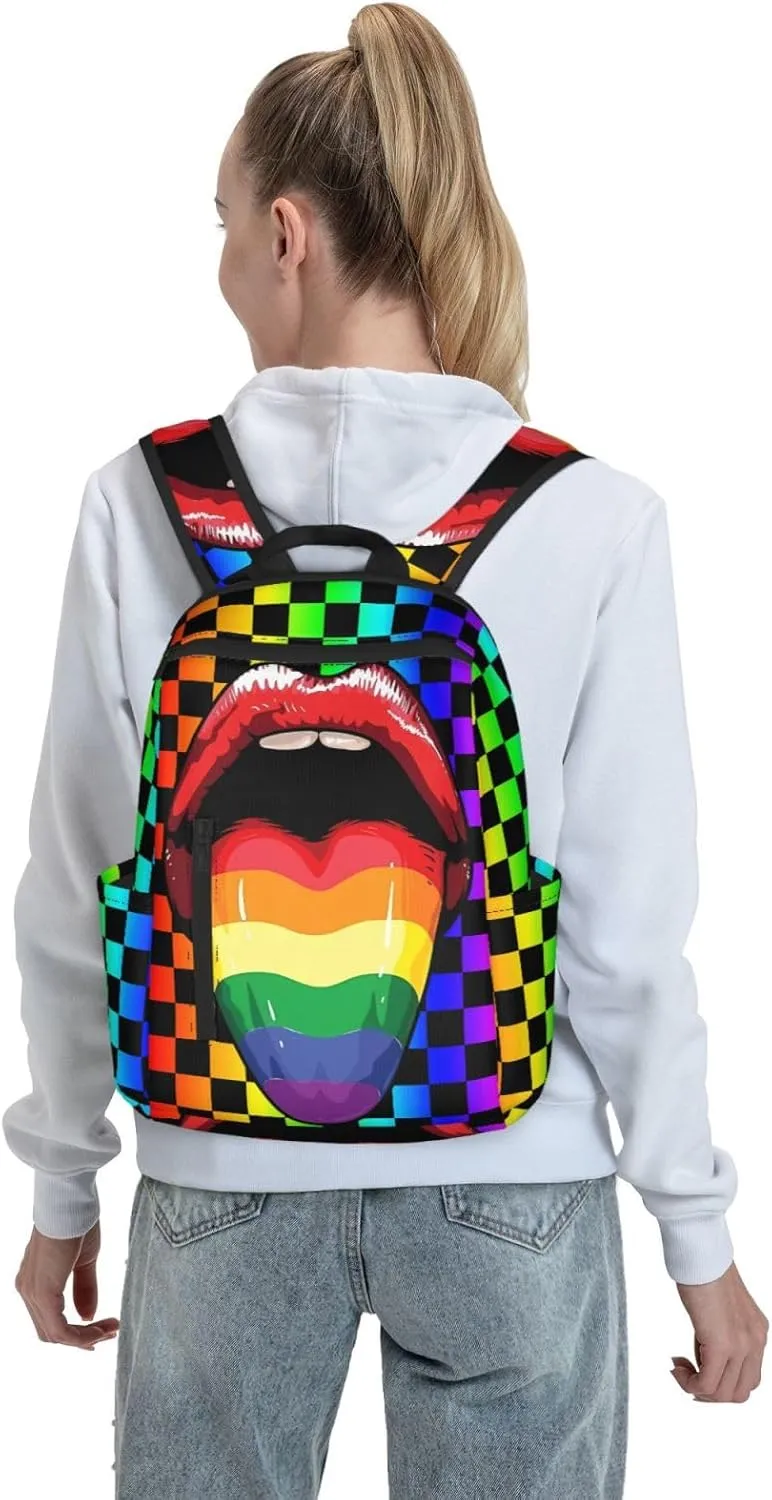 LGBT Gay Pride Open Mouth Rainbow Tongue Travel Laptop Backpack Casual Backpacks Double Shoulder Daypack Notebook Rucksack Work Bags Sports Bag for Hiking Camping Beach