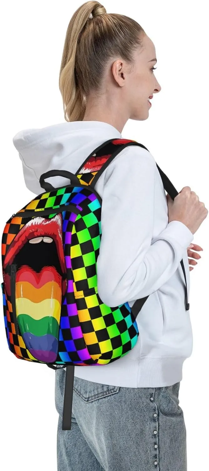 LGBT Gay Pride Open Mouth Rainbow Tongue Travel Laptop Backpack Casual Backpacks Double Shoulder Daypack Notebook Rucksack Work Bags Sports Bag for Hiking Camping Beach