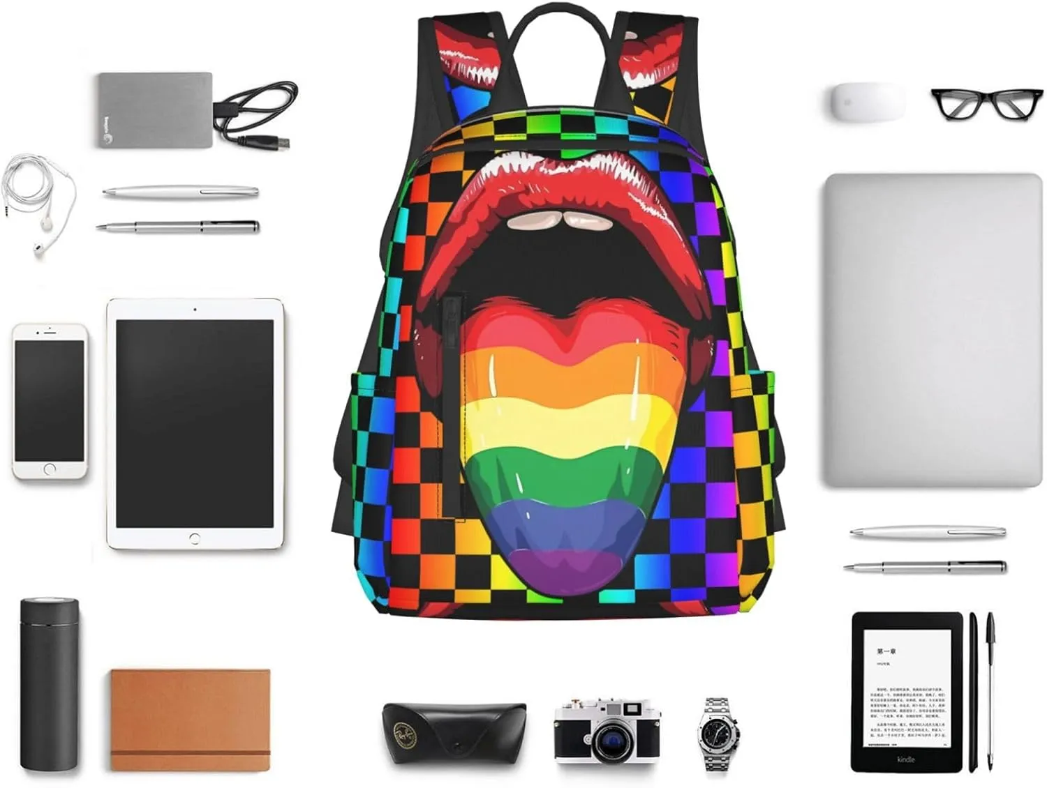 LGBT Gay Pride Open Mouth Rainbow Tongue Travel Laptop Backpack Casual Backpacks Double Shoulder Daypack Notebook Rucksack Work Bags Sports Bag for Hiking Camping Beach