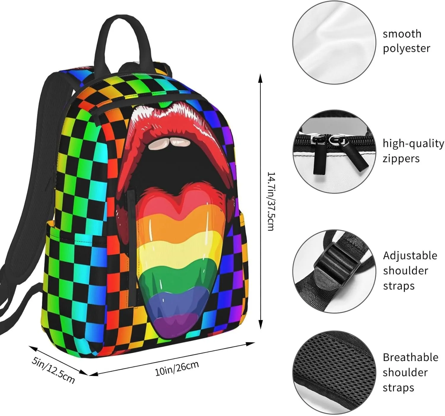 LGBT Gay Pride Open Mouth Rainbow Tongue Travel Laptop Backpack Casual Backpacks Double Shoulder Daypack Notebook Rucksack Work Bags Sports Bag for Hiking Camping Beach