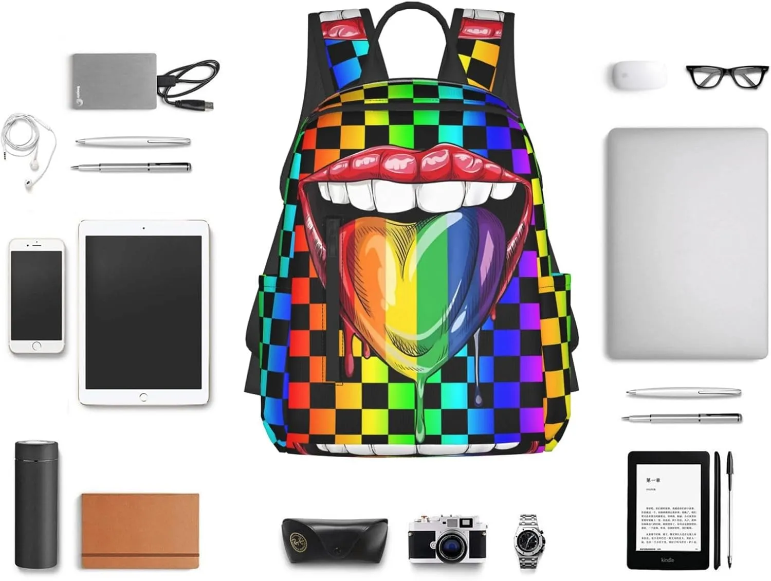 LGBT Gay Pride Rainbow Heart Tongue Lip Travel Laptop Backpack Casual Backpacks Double Shoulder Daypack Notebook Rucksack Work Bags Sports Bag for Hiking Camping Beach