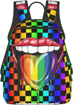 LGBT Gay Pride Rainbow Heart Tongue Lip Travel Laptop Backpack Casual Backpacks Double Shoulder Daypack Notebook Rucksack Work Bags Sports Bag for Hiking Camping Beach