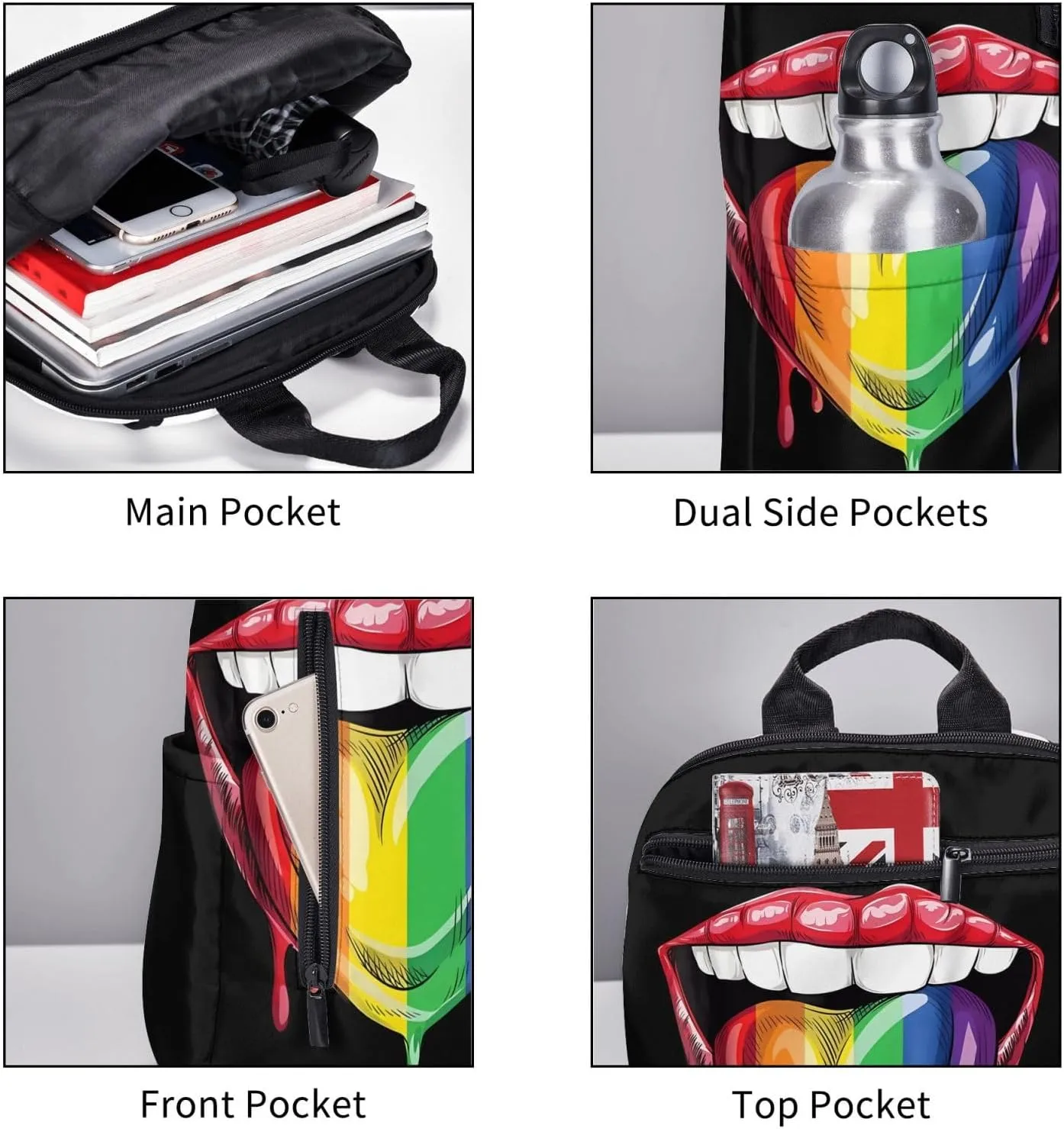 LGBT Gay Pride Rainbow Heart Tongue Lip Travel Laptop Backpack Casual Backpacks Double Shoulder Daypack Notebook Rucksack Work Bags Sports Bag for Hiking Camping Beach