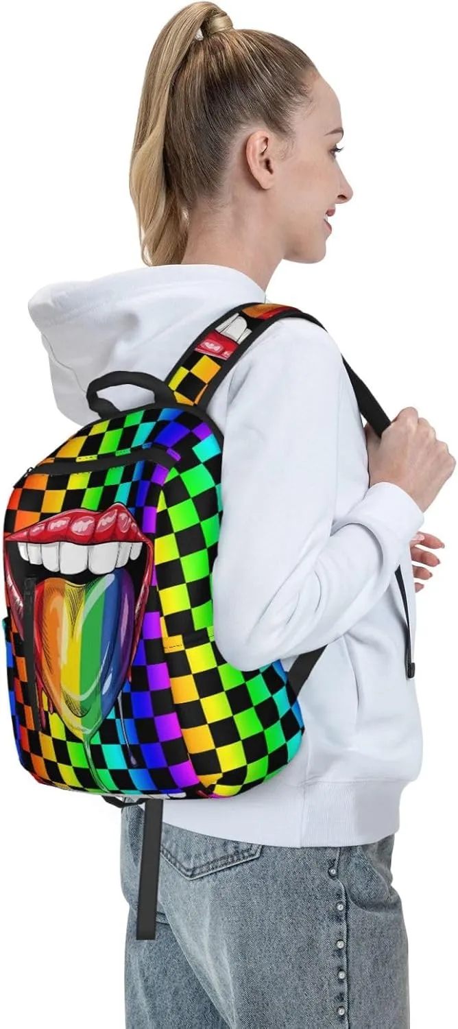 LGBT Gay Pride Rainbow Heart Tongue Lip Travel Laptop Backpack Casual Backpacks Double Shoulder Daypack Notebook Rucksack Work Bags Sports Bag for Hiking Camping Beach