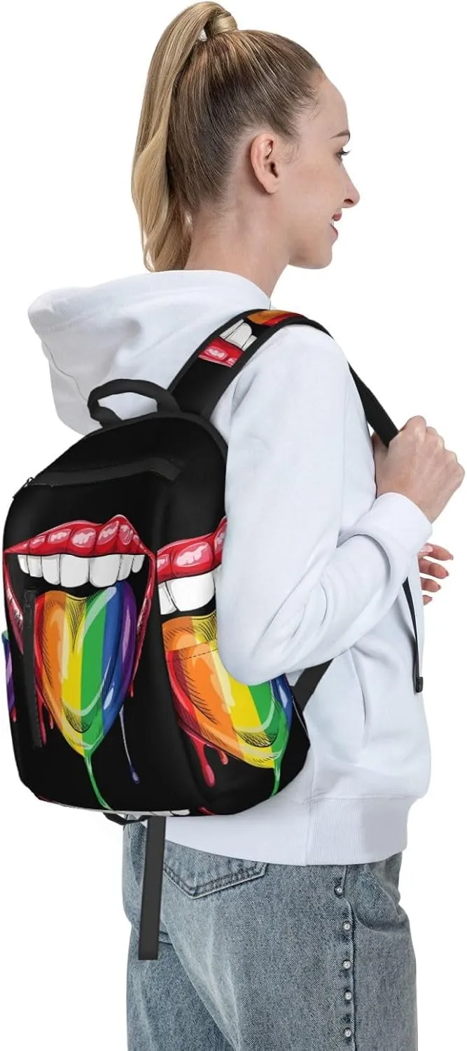 LGBT Gay Pride Rainbow Heart Tongue Lip Travel Laptop Backpack Casual Backpacks Double Shoulder Daypack Notebook Rucksack Work Bags Sports Bag for Hiking Camping Beach